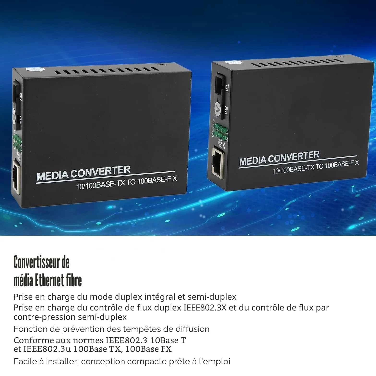 Annadue Convertisseur de Média Fibre Ethernet, RJ45 vers 100Base FX, Émetteur-Récepteur SC Monomode Intégré, 10/100M, Jusqu'à 25 Km
