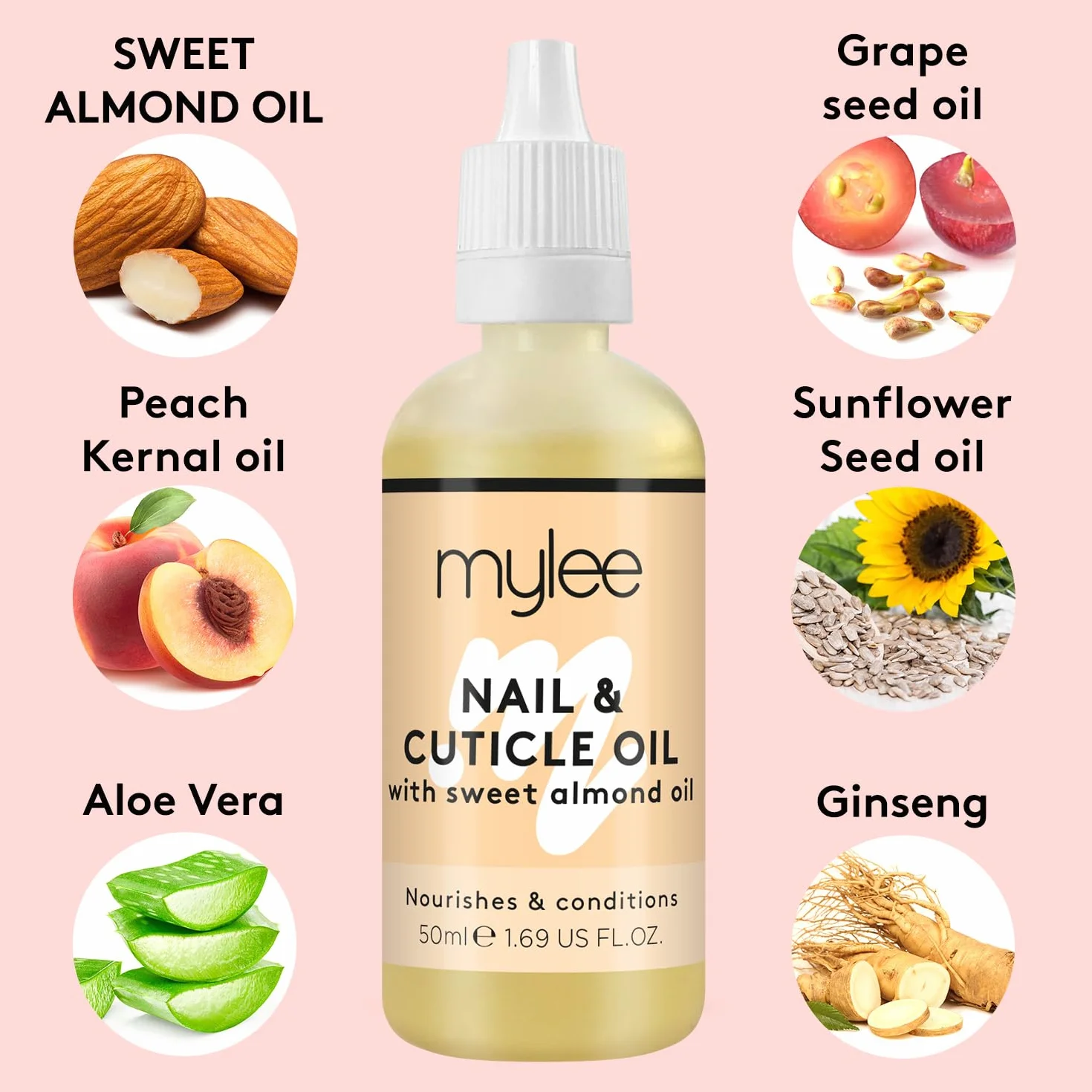 Mylee Huile pour Ongles et Cuticules à l'Amande Douce 50ml – Hydratation Nourrissante Non Grasse Sans Résidu