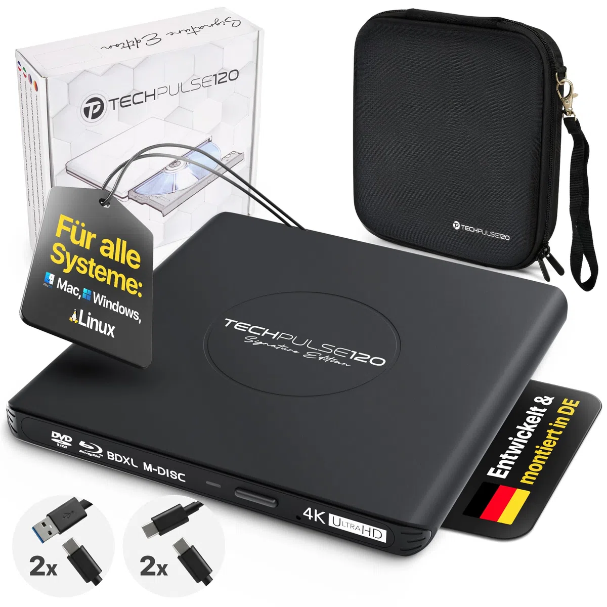 techPulse120 Externe USB 3.1 USB-C UHD 4k 3D M-DISC Blu-ray DVD CD HDR10 128GB Lecteur Graveur Burner Signature Paquet Sac 90cm Câble de Connexion Aluminium (Noir)