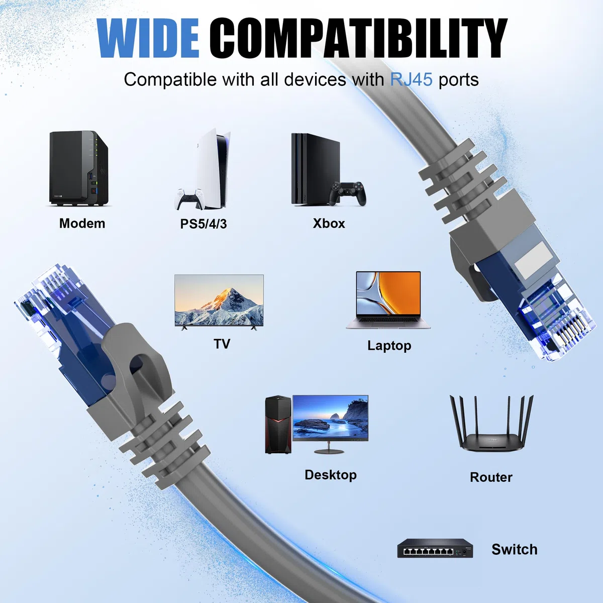 Soibke Câble Ethernet d'extérieur Cat 6 de 30,5 m, câble Ethernet Cat6 23 AWG, très résistant, UTP, étanche, enfouissement direct, résistant aux UV, réseau, LAN, Internet, PVC, avec RJ45 pour routeur