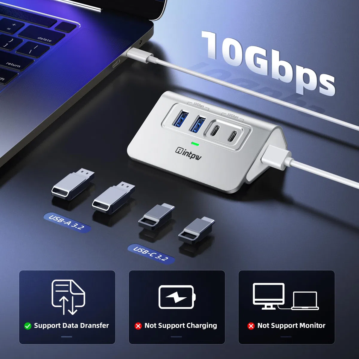 intpw Hub USB 3.0 en aluminium 4 ports USB 3.0 avec câble de 1 m, hub USB pour PC/ordinateur portable/Xbox/clé USB/imprimante/appareil photo/clavier/souris