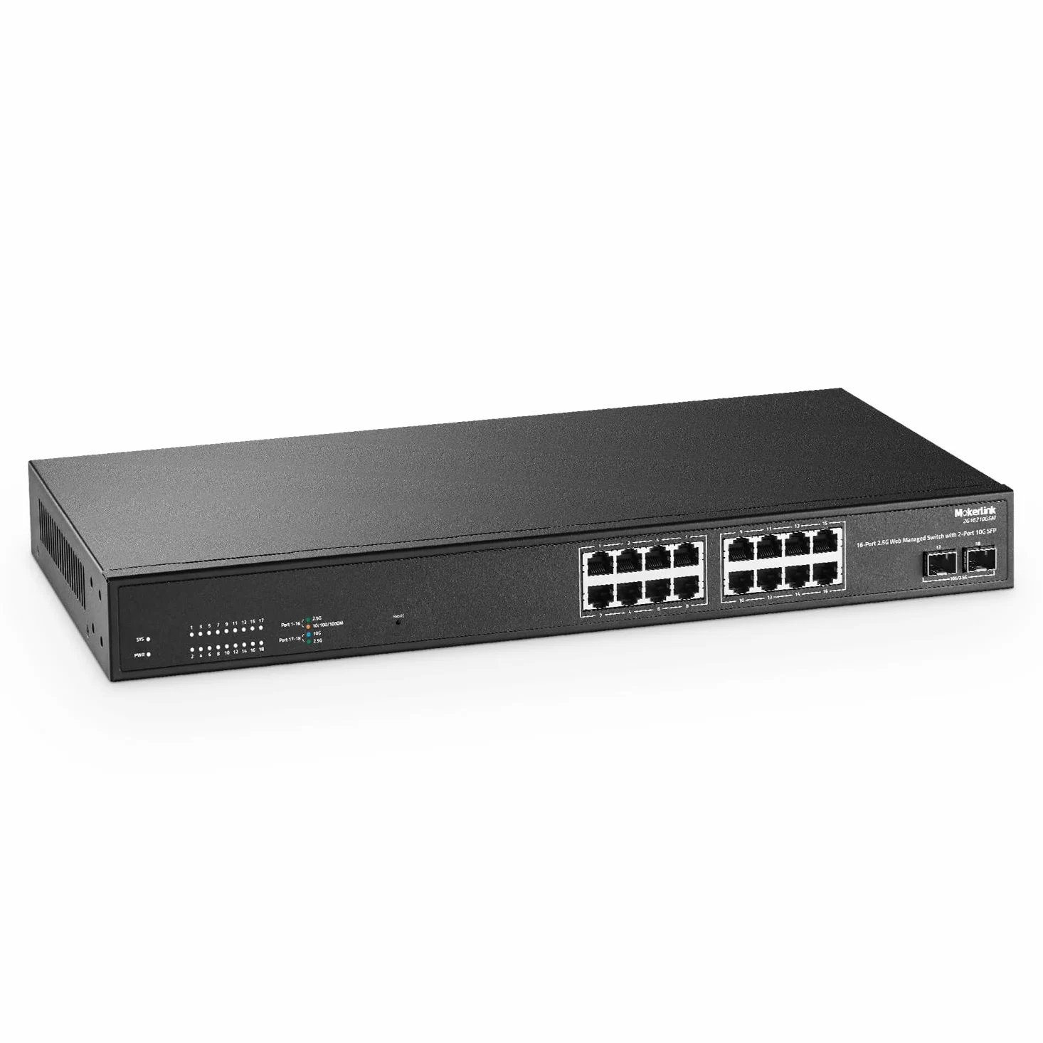 MokerLink 16 Port 2.5G Commutateur Ethernet Géré Managed avec 2x10G SFP, 16x2.5G Base-T Ports, supporte LACP/VLAN/QOS/IGMP, Commutateur réseau RackMount sans ventilateur en métal géré via le Web
