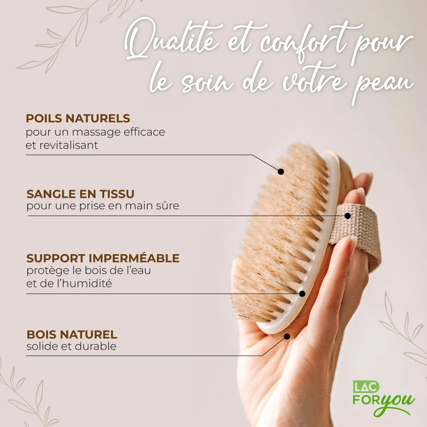 Brossage a Sec Drainage Lymphatique en Bois et Poils Naturels - Exfoliante Corps et Massage Anti-Cellulite