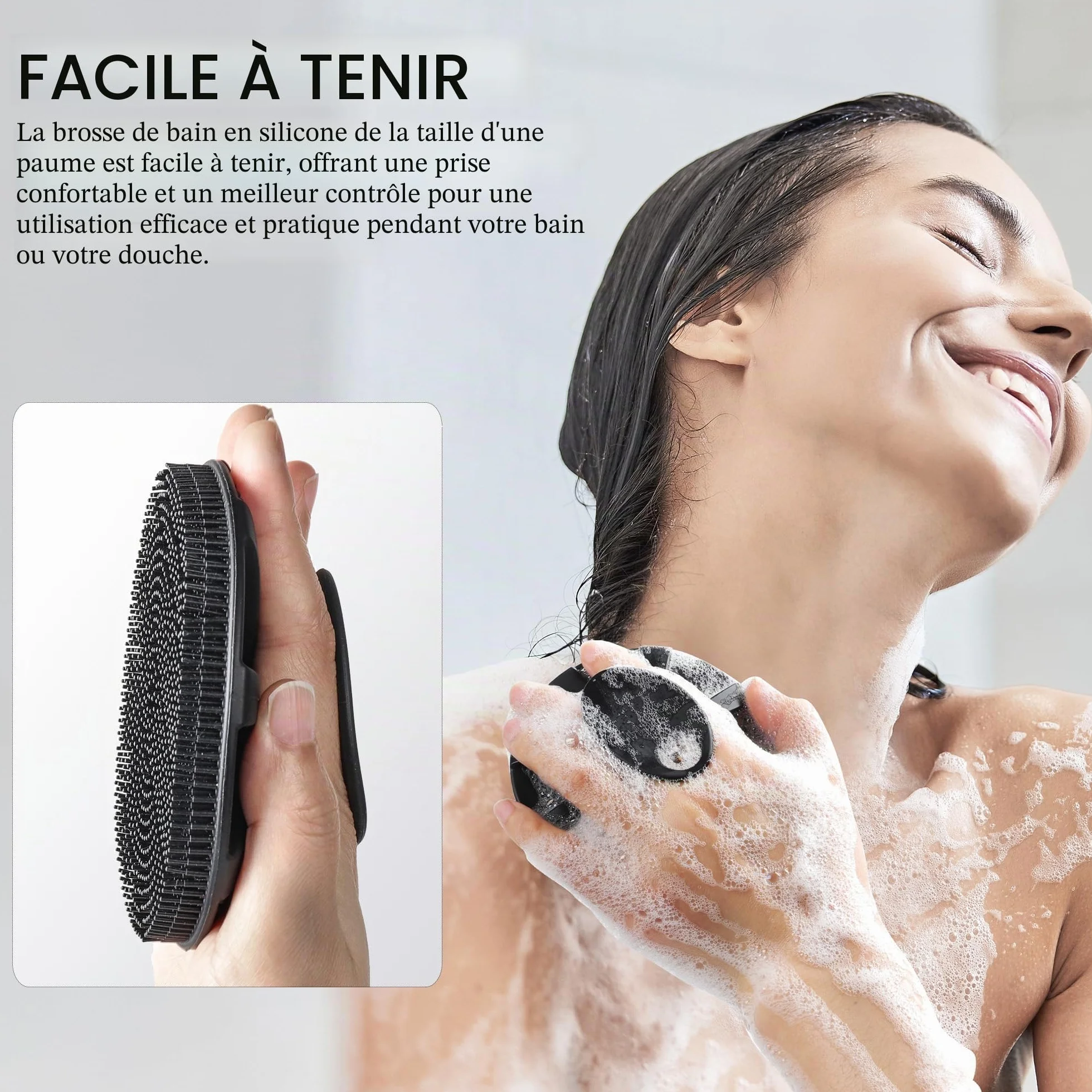 Brosse de douche en silicone souple de qualité alimentaire exfoliante douce et moussante noir