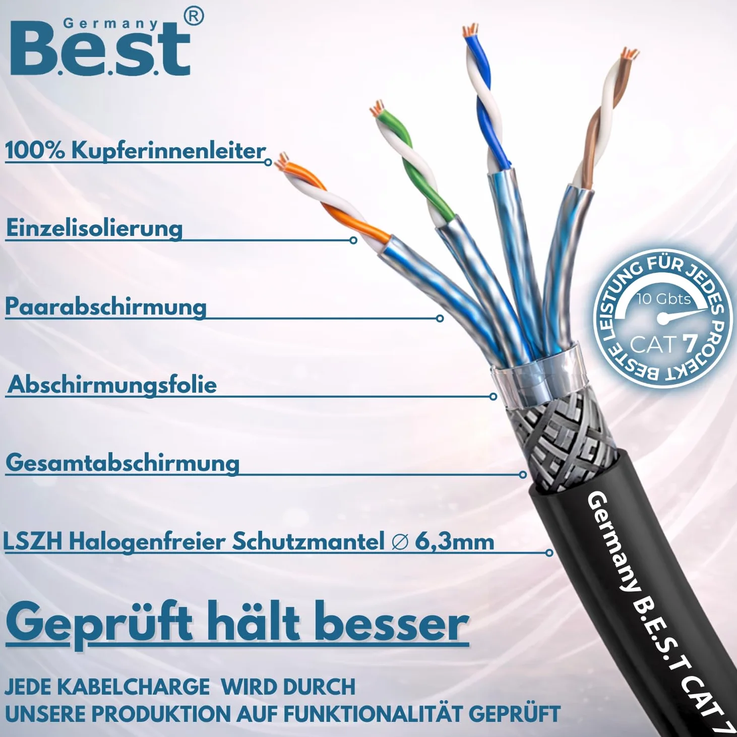 Germany B.e.s.t Simplex Câble de terre CAT 7 200 m Câble réseau LAN Câble Ethernet S/FTP 10 Gbit/s Cat. 7 en cuivre pur PoE+ LSZH