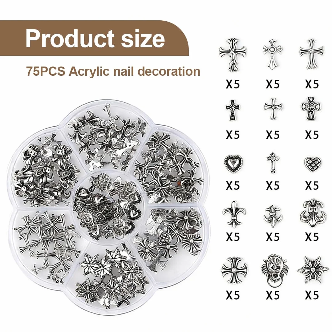 75 Pièces Breloques pour Ongles Croix Argent Charme Coeurs Gothiques Rétro Punk Crânes Manucure Nail Art