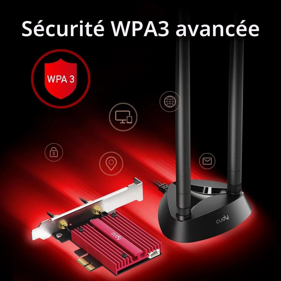 Cudy WE4000 AX5400 WiFi 6E Pcie Bluetooth 5.2 Tri-Bande Adaptateur, Wpa3, Mu-Mimo, Dissipateur Thermique, Support Windows 11/10 | Clé PCI-Express WiFi 6E BT 5.3, 2 402 574 Mbps, 6 GHz, dissipateur thermique, Intel AX210, A2DP/HFP/HSP, BLE classique bimode