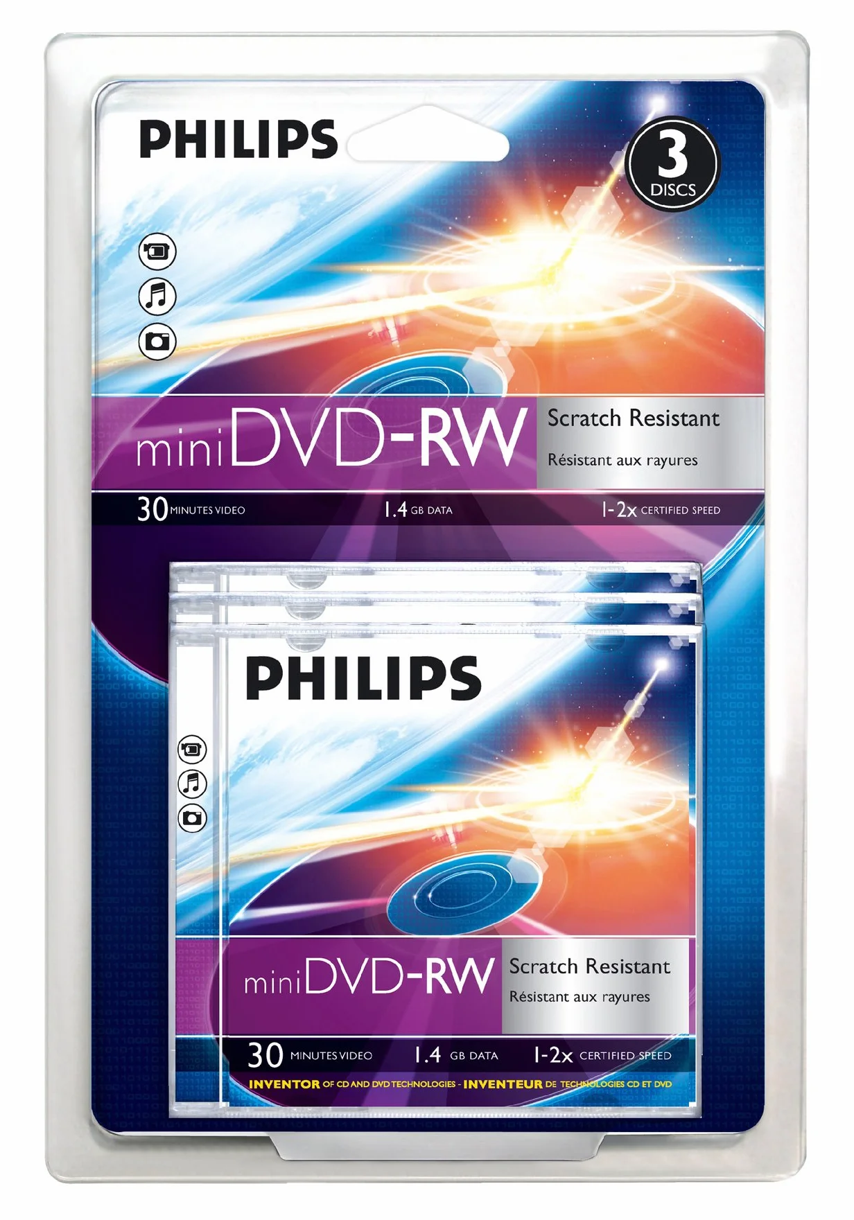 PHILIPS DVD-RW 4X 8cm 1.4Gb 30min Pack de 3 Minidiscs