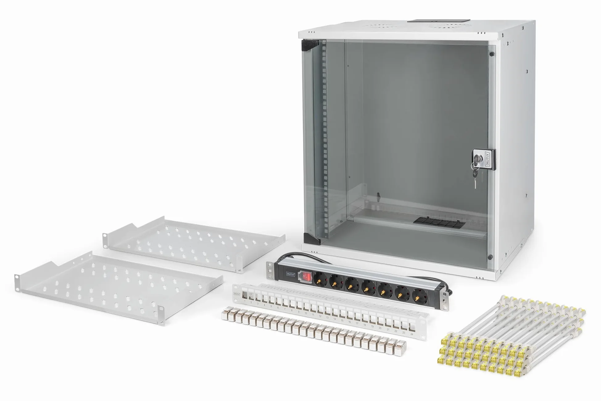 Digitus NetzwerK-Set Soho Pro, 483 Mm (19") - 12he, 540 X 400 Mm (b X T) (dN-49206-Set) | Armoire réseau – Multiprise – 2 étagères 1U – Panneau de brassage 24 ports – 24 modules Keystone – 30 câbles de raccordement