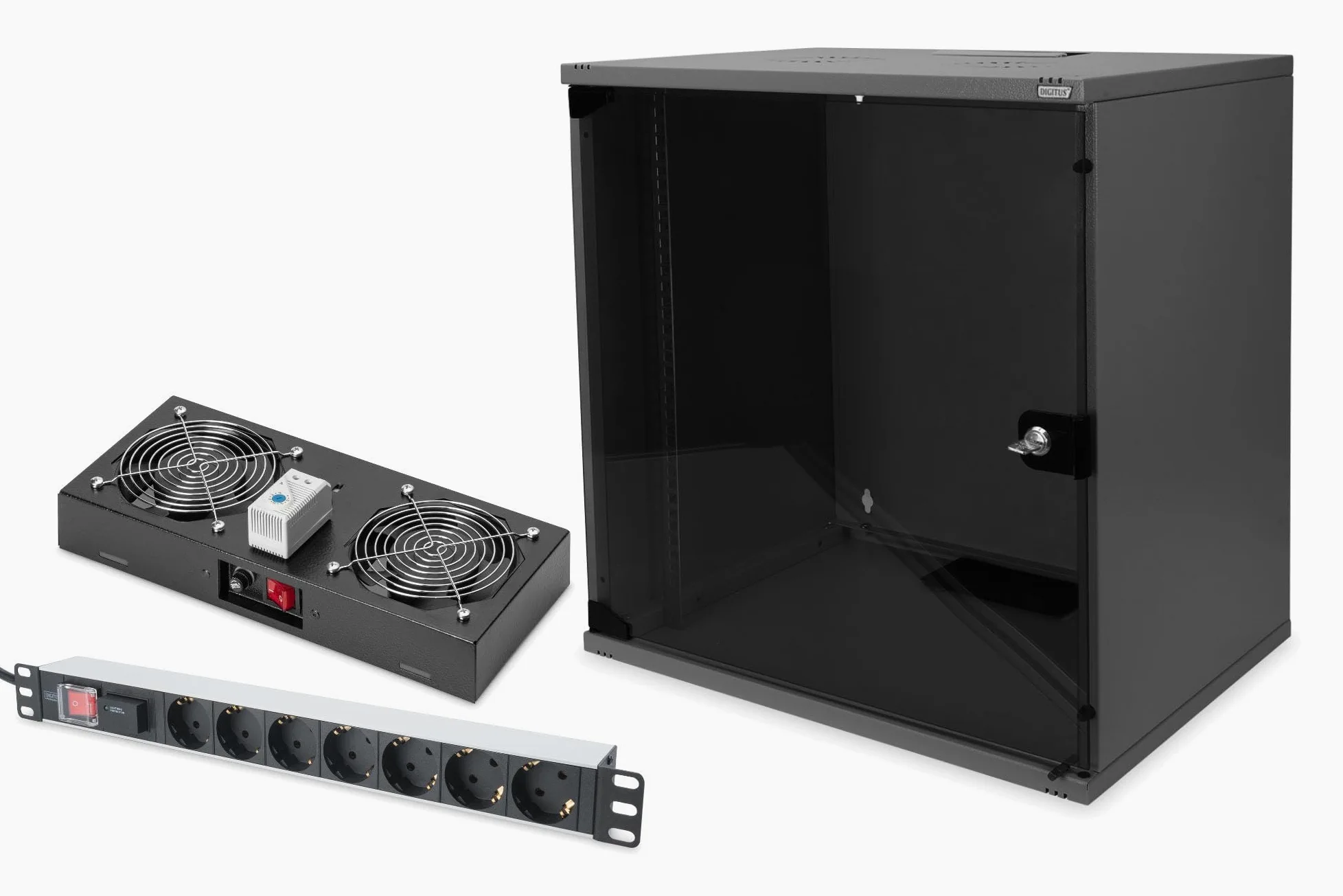 DIGITUS Set: Armoire réseau 19" 12U + Ventilateur de Toit + Bloc multiprise 7 Ports // Rack 19 Pouces - Non monté - Montage Mural - Charge 60 kg - Profondeur utile 170-270 mm - Noir