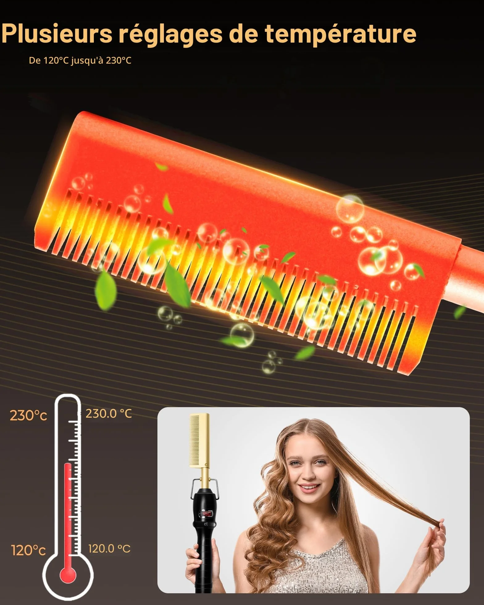 Peigne Chauffant Cheveux Afro Lisseur Hot Comb Écran LCD 120-230℃ Céramique Arrêt Automatique