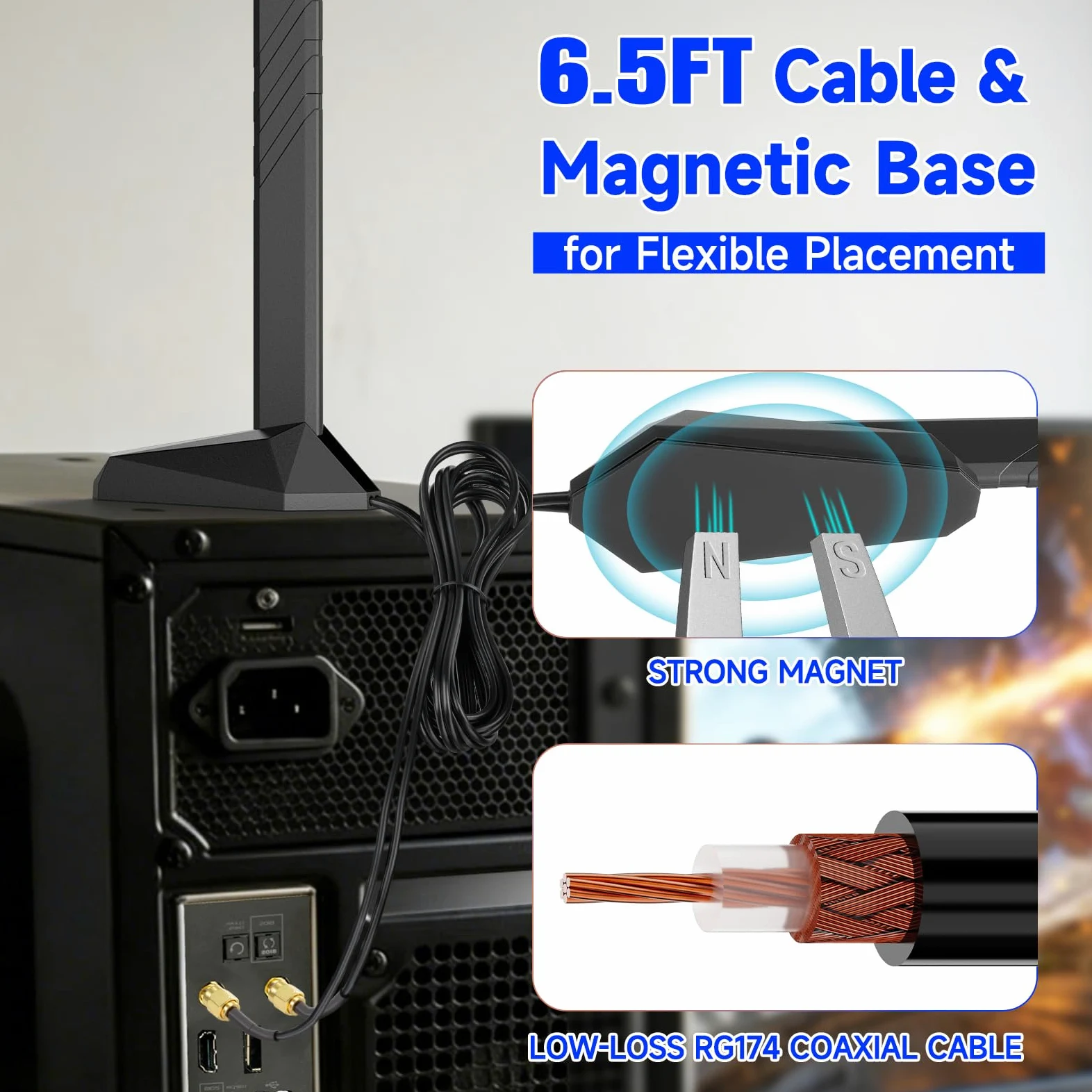 Eightwood Antenne WiFi 7 2,4 GHz 5 GHz 6 GHz WLAN 6E Antenne Tri-Bande WiFi Base magnétique avec câble d'extension de 2 m pour Bluetooth PC Carte mère WLAN Cartes PCI Carte WiFi Routeur
