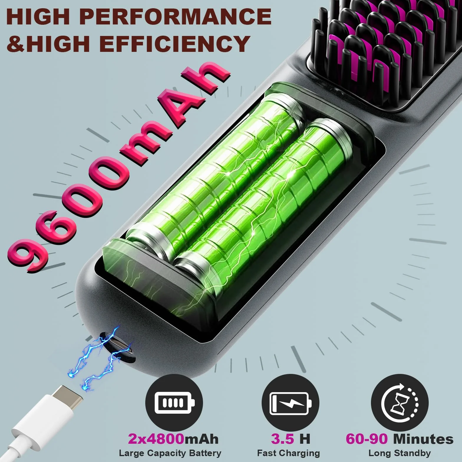 Brosse lissante sans fil rechargeable USB 9600 mAh ion négatif chauffante gris
