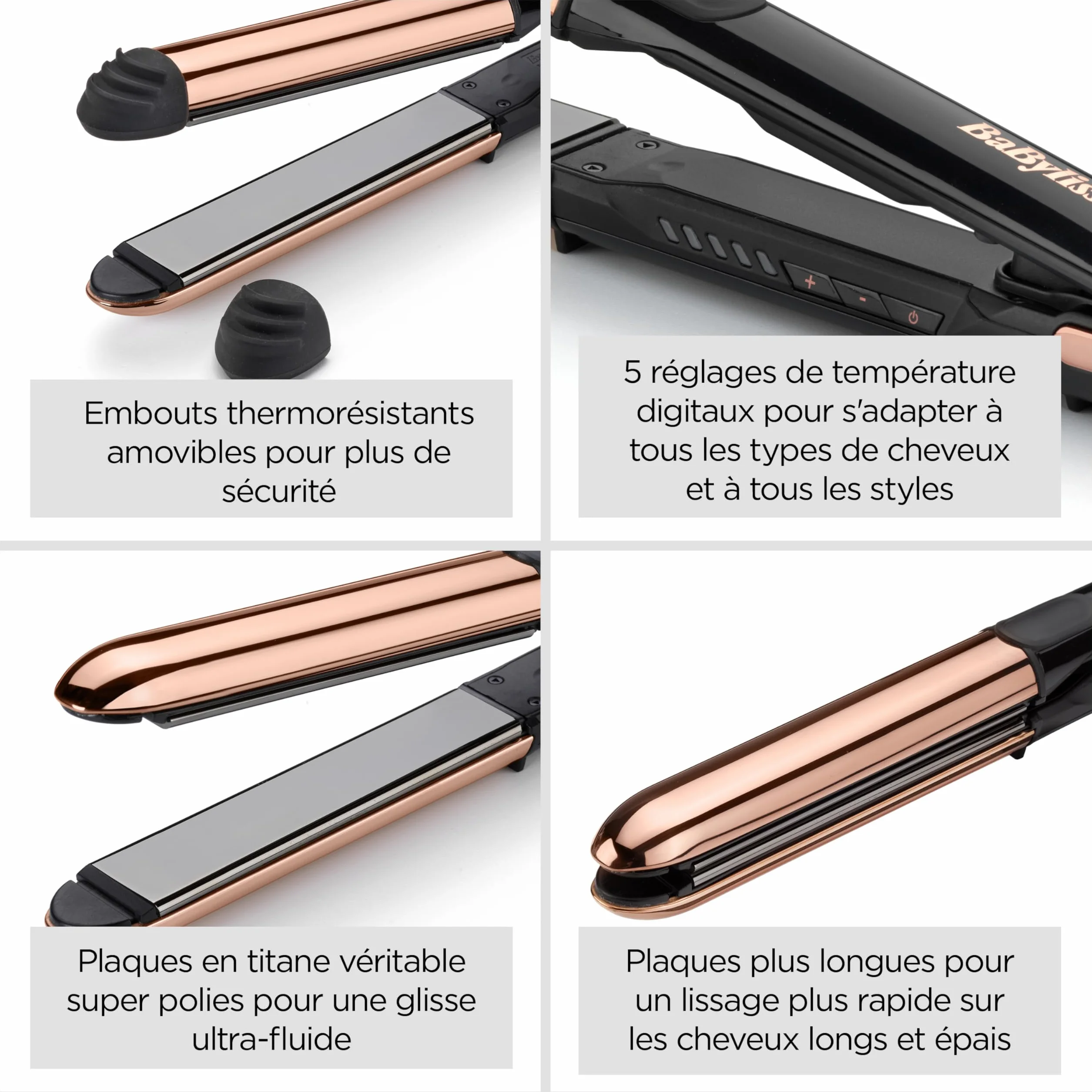 BaByliss Lisseur Cheveux Straight And Curl Brilliance ST482E Plaques titane Ionique Anti-Frisottis Chauffe rapide 15s 5 réglages 235°C