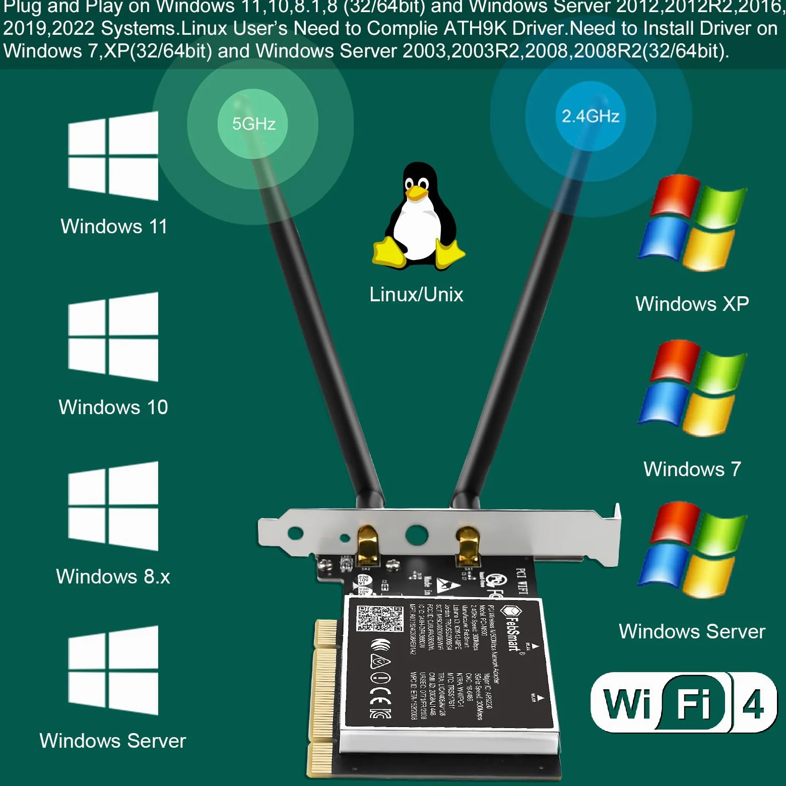 Wireless N Dual Band 600Mbps (2.4GHz 300Mbps or 5GHz 300Mbps) PCI WiFi Adaptateur pour Windows 11, 10, 8.x, 7, XP (32/64bit) et Windows Server PC de bureau, interface PCI WiFi carte (PCI-N600
