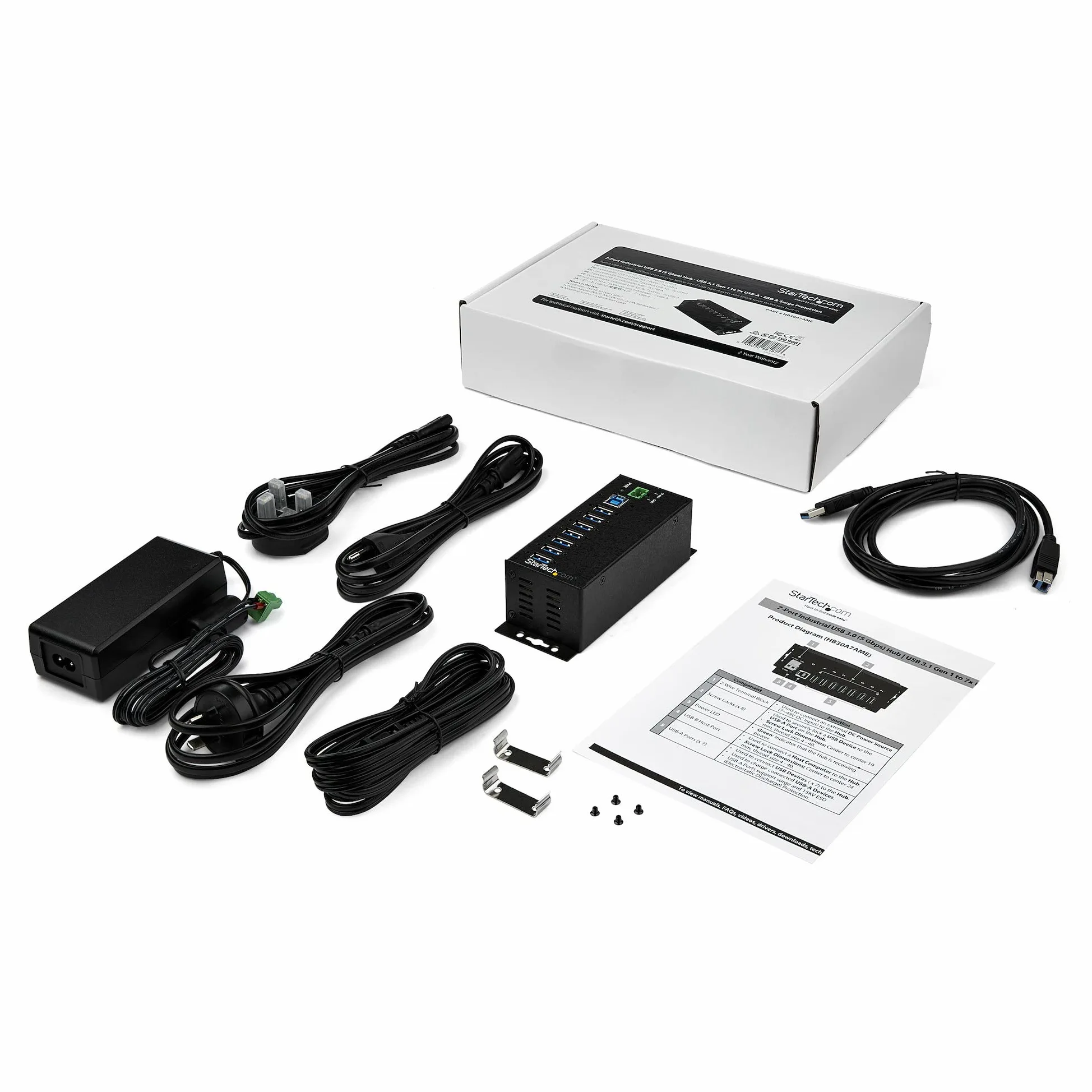 StarTech Hub Industriel USB 3.0 7 Ports 5Gbps, ESD Surtension (HB30A7AME) | Alimentation externe, Protection 350W, Metal, Montage rail DIN, Dock