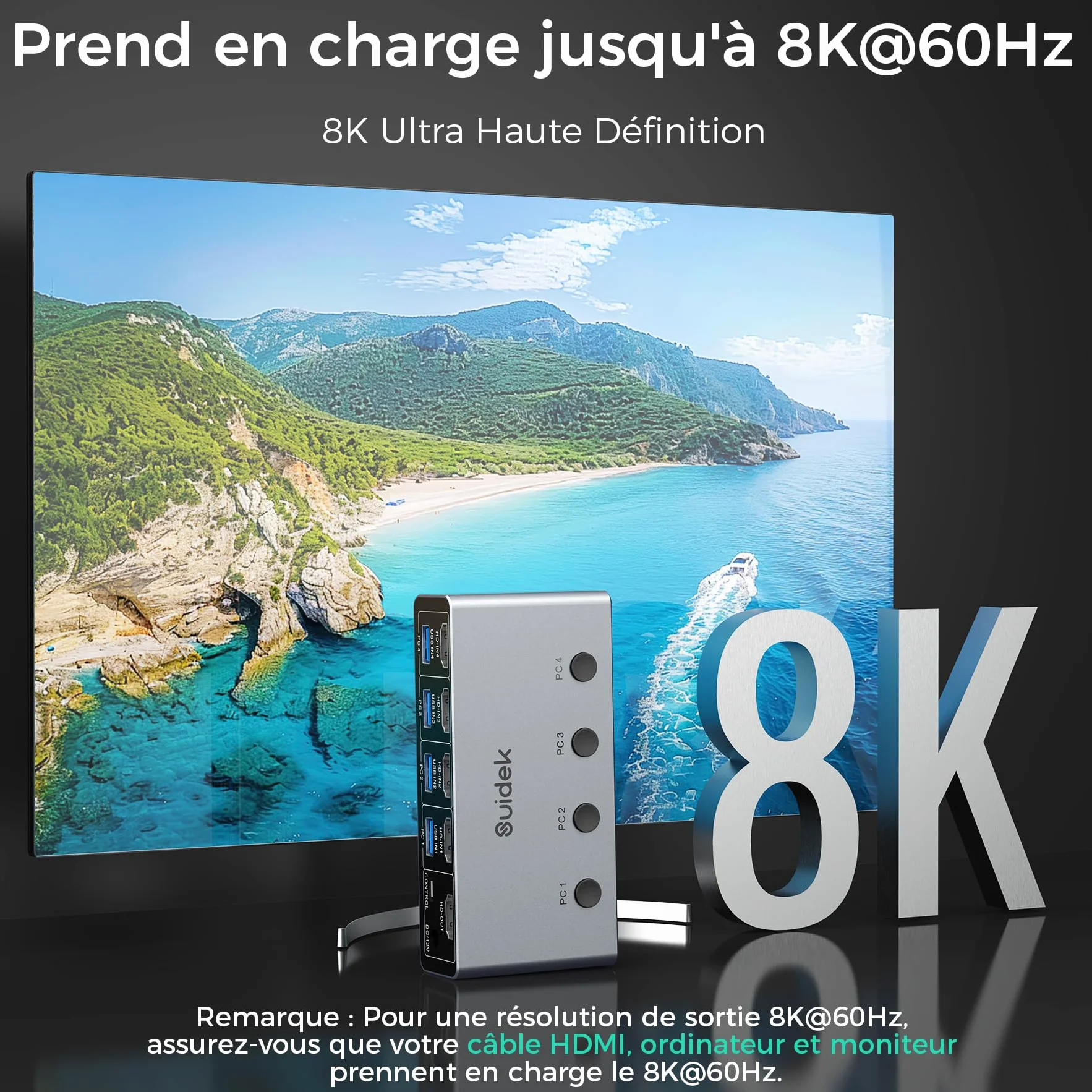 SUIDEK Commutateur KVM HDMI 8K@60Hz, 4 ordinateurs, 1 moniteur,4 ports USB 3.0 (3 A + 1C) Commutateurs KVM en aluminium, clavier et souris,Comprend 4 câbles USB, un contrôleur et un adaptateur secteur