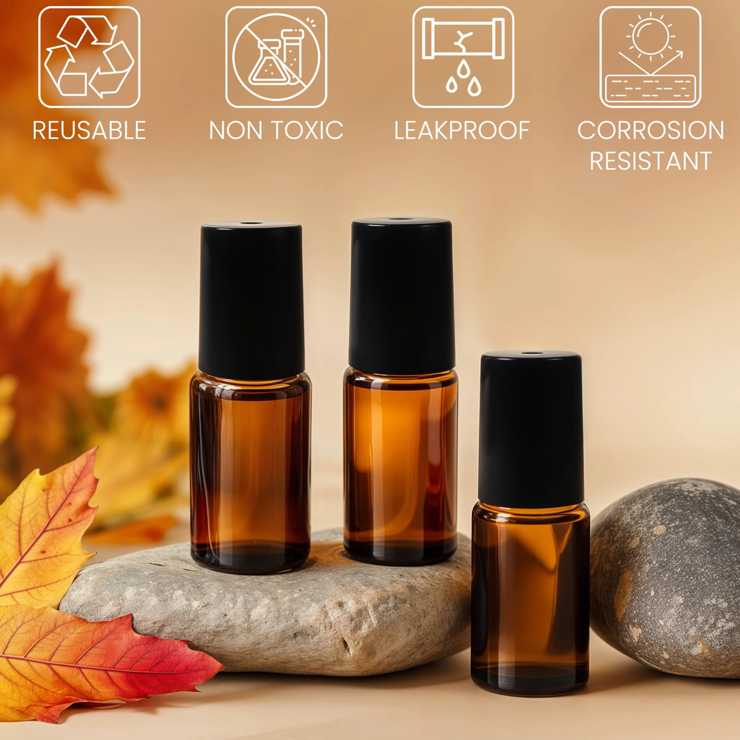 BELLE VOUS Lot de 24 Roll On Huiles Essentielles Flacon en Verre Ambré 3 ml Rechargeable Bille Inox