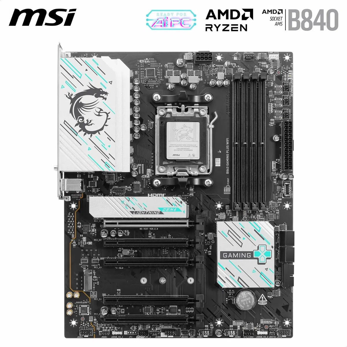 MSI Carte mère WiFi B840 Gaming Plus, ATX - Prend en Charge Les processeurs AMD Ryzen 9000/8000/7000, AM5 - DDR5 Memory Boost 8000+ MT/s (OC), PCIe 4.0 x16, M.2 Gen4, Wi-FI 7, 2.5G LAN