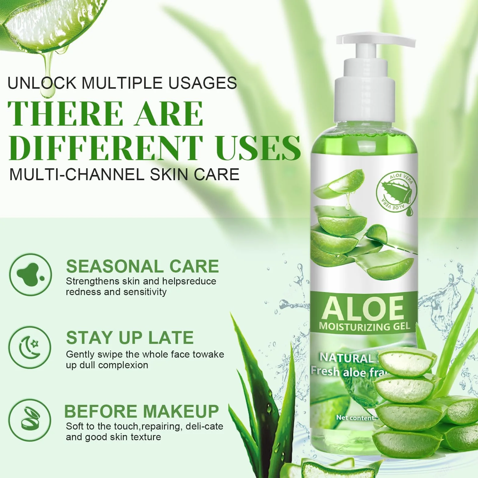 Gel d’aloe vera 250 ml, Crème soin rafraîchissant apaisant pour la peau, hydratant visage et corps