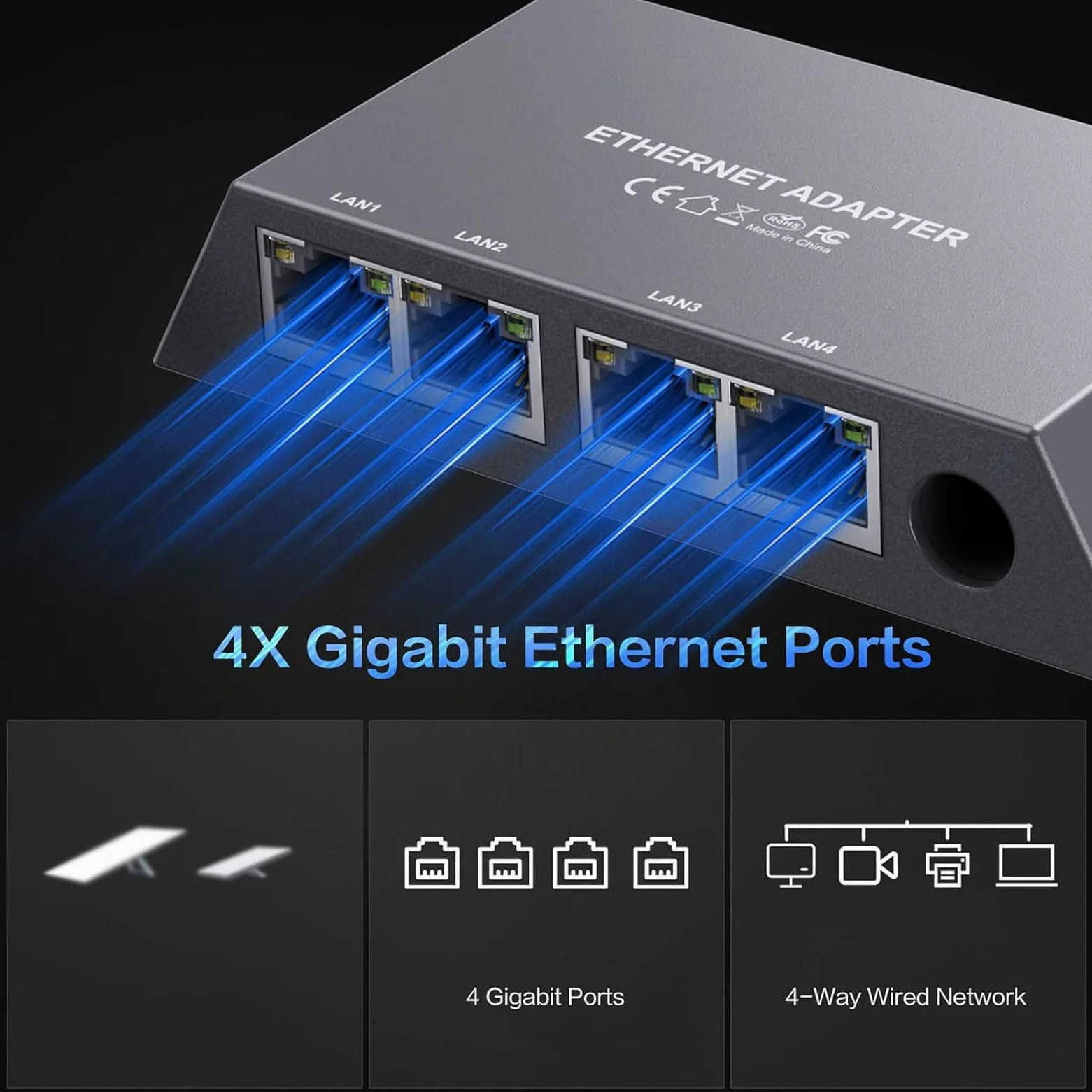 Ejoyous Adaptateur Ethernet Gigabit, Convertisseur Réseau LAN 4 Ports avec Boîtier ABS et Câble de 0,5 M, Internet Filaire Stable Plug and Play pour Routeur RV Mini Gen 3 Home Office