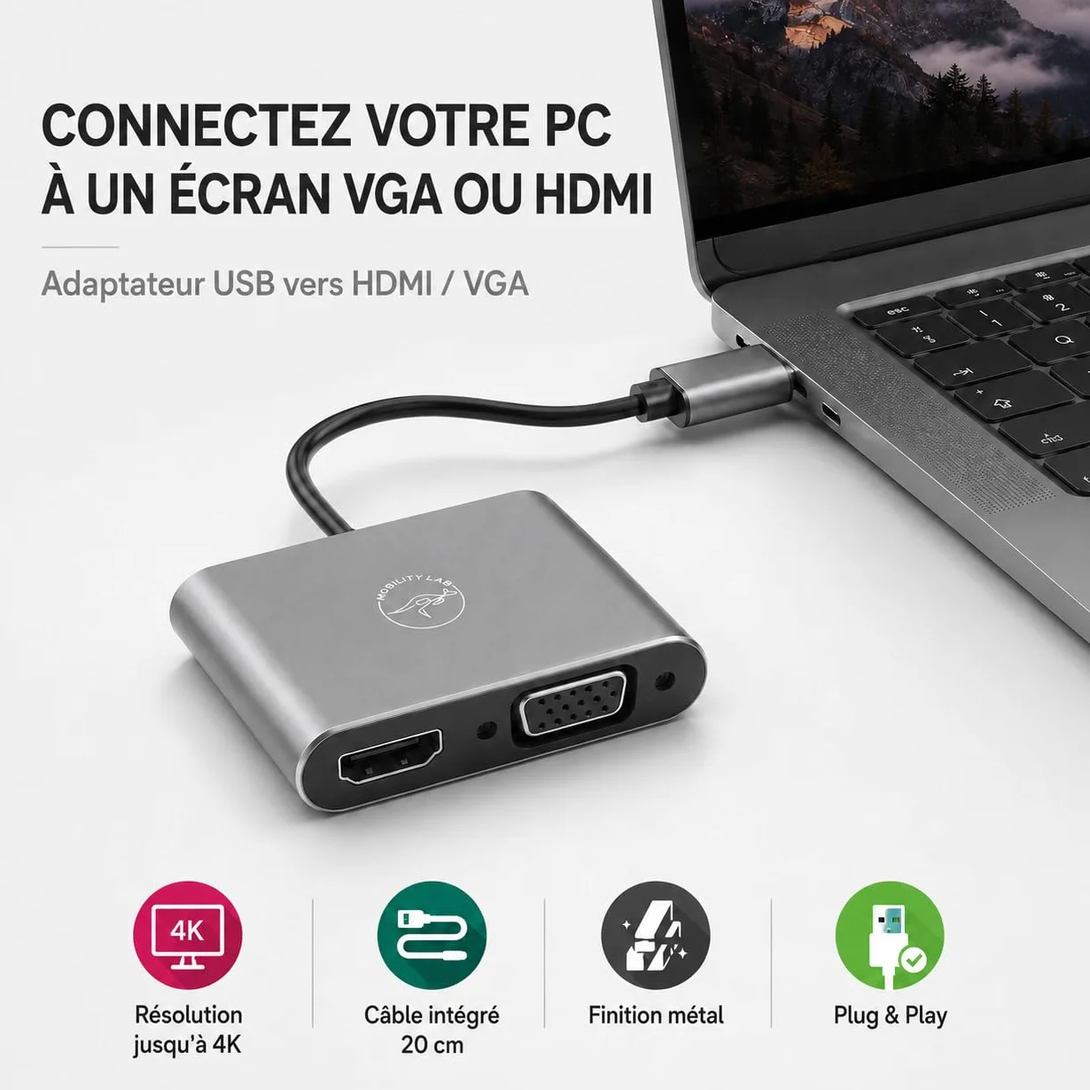 Mobility Lab Adaptateur USB 3.0 vers HDMI & VGA 1920x1080p 60Hz Plug & Play Compatible macOS