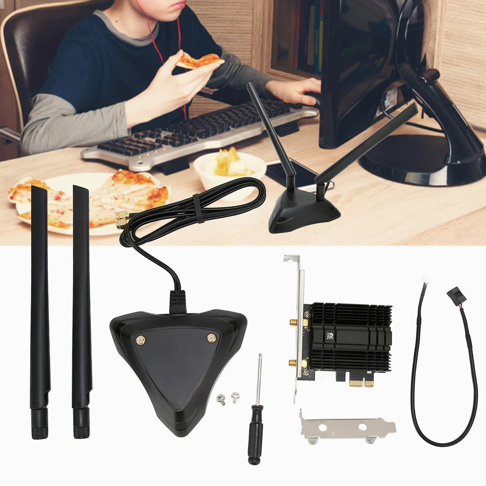 Carte WiFi, 5400 Mbps WiFi 6E 6Ghz/5Ghz/2.4Ghz PCIe Carte WiFi avec Bluetooth 5.2, Base Extensible d'Antennes 6 DBi Magnétique, Adaptateur sans Fil avec AX MU MIMO OFDMA, Supports Windows 10/11