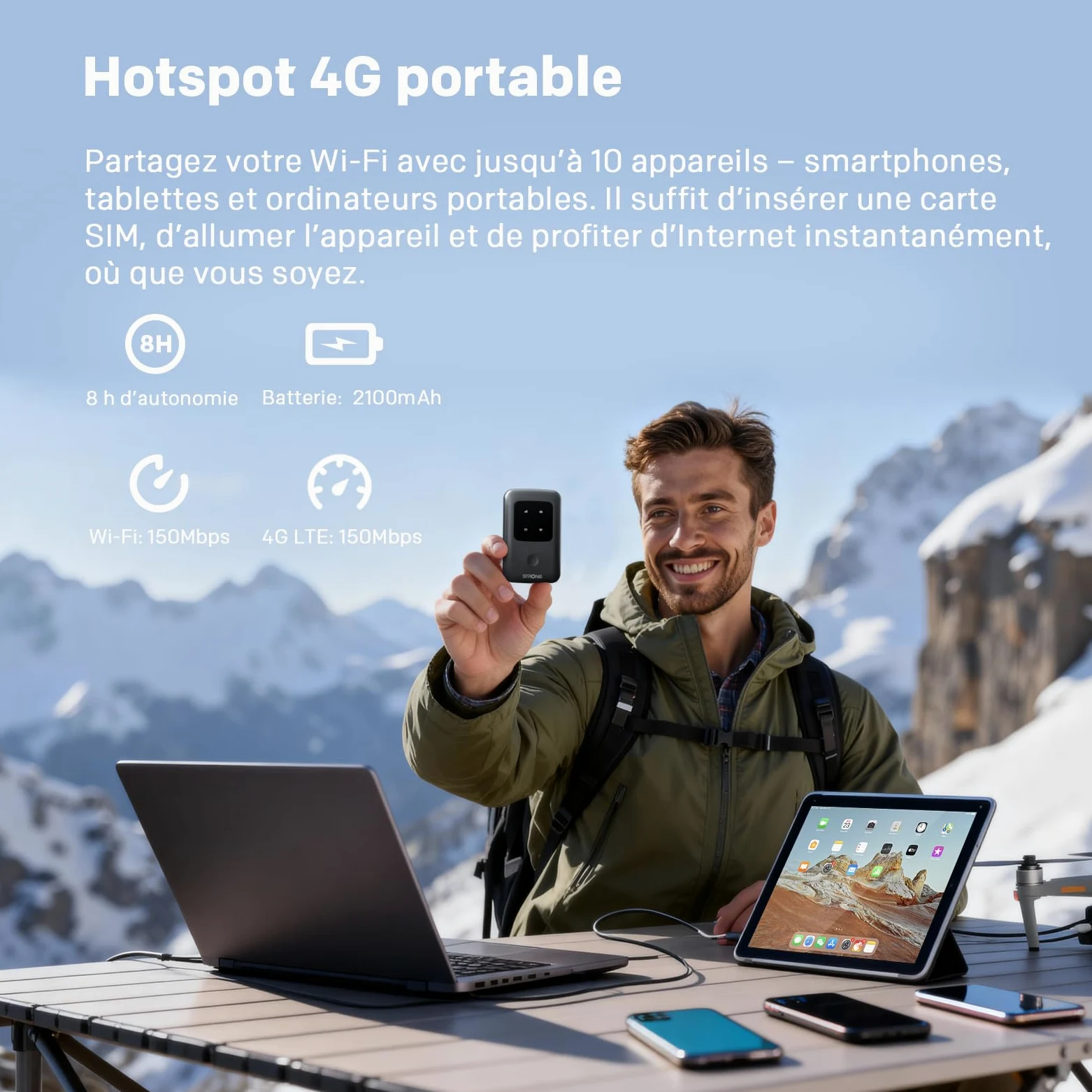 Strong 4G AIRSPOT 210 Routeur WiFi 4G Portable avec SIM, CAT4 150 Mbps | Hotspot WiFi de Poche pour Voyage et Télétravail, Connecte 10 Appareils, Batterie 2100 mAh, USB-C & Fonction Power Bank