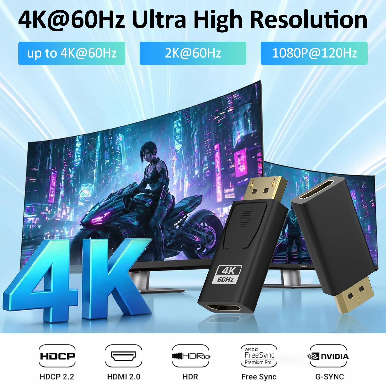 Adaptateur DisplayPort vers HDMI 4K@60Hz, 2 pièces Compatible Dell HP HDTV