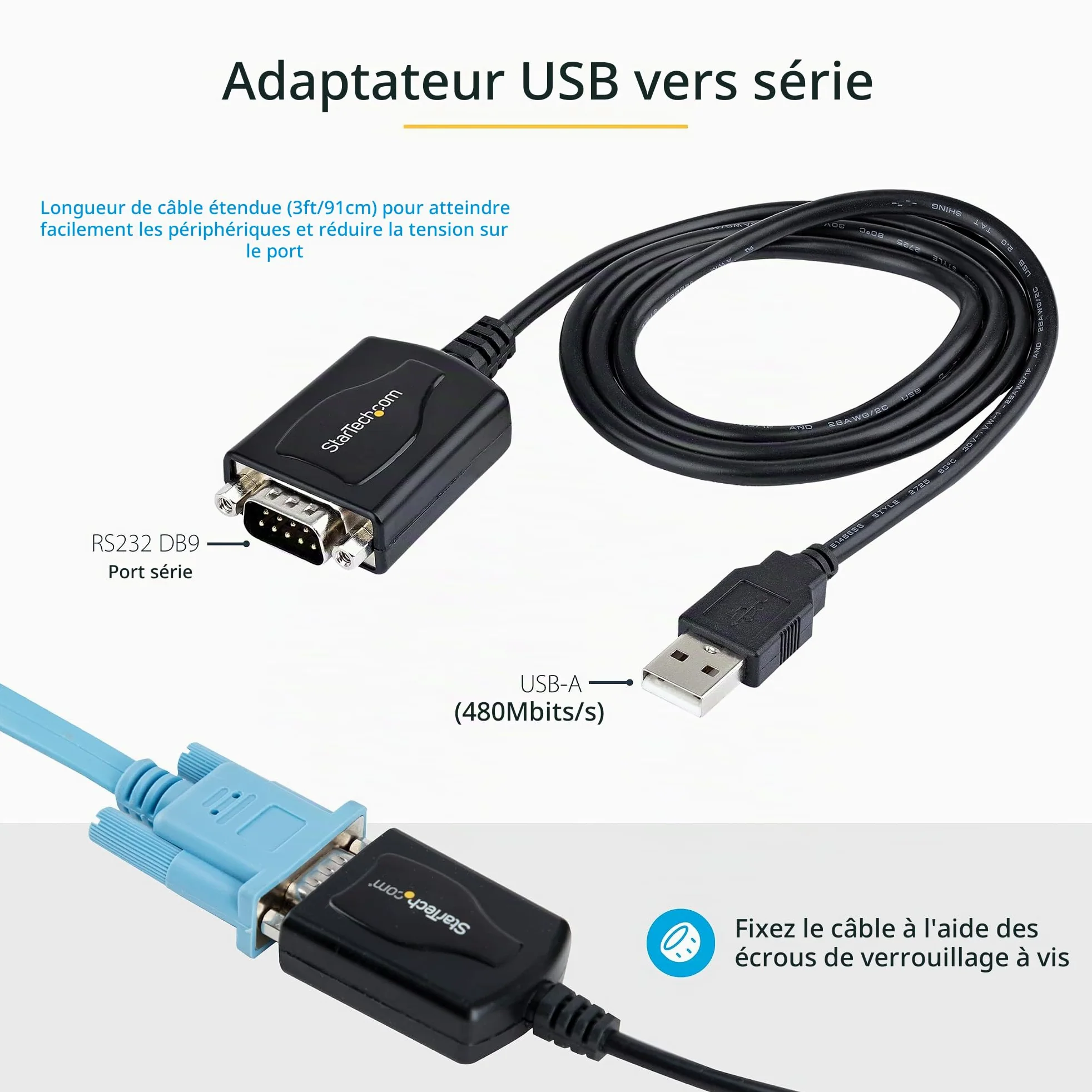 StarTech Câble USB vers RS232 1m, DB9 Mâle, Prolific (1P3FPC-USB-SERIAL) | Retention COM, Convertisseur, Windows/Mac, Pour PLC/Imprimante/Scanner