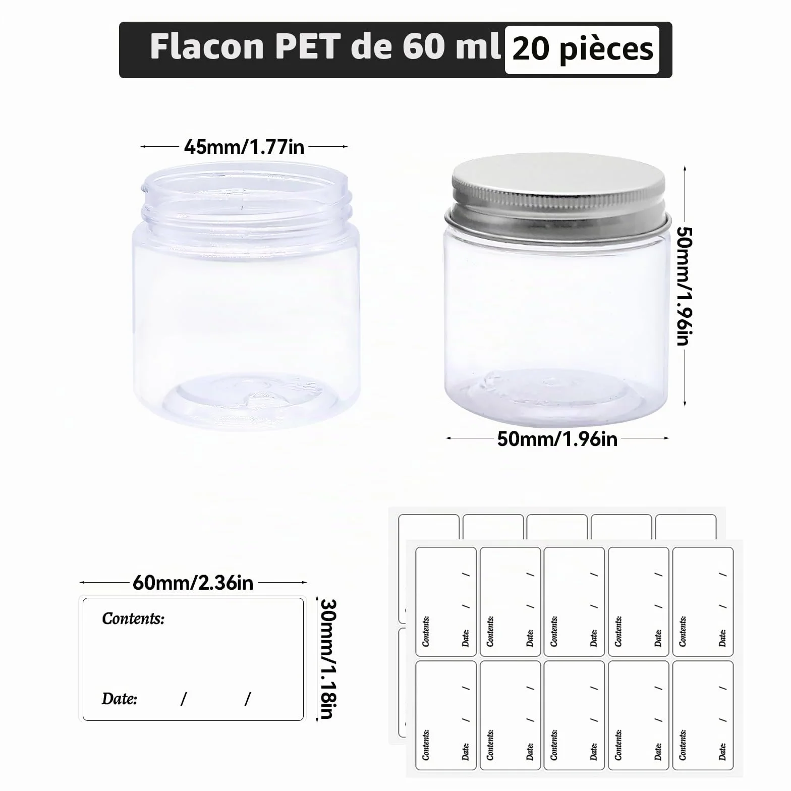 20 Pièces Pots Cosmétiques en Plastique 60 ml avec Couvercle et étiquettes, Contenants Vides pour Échantillons Nail Art