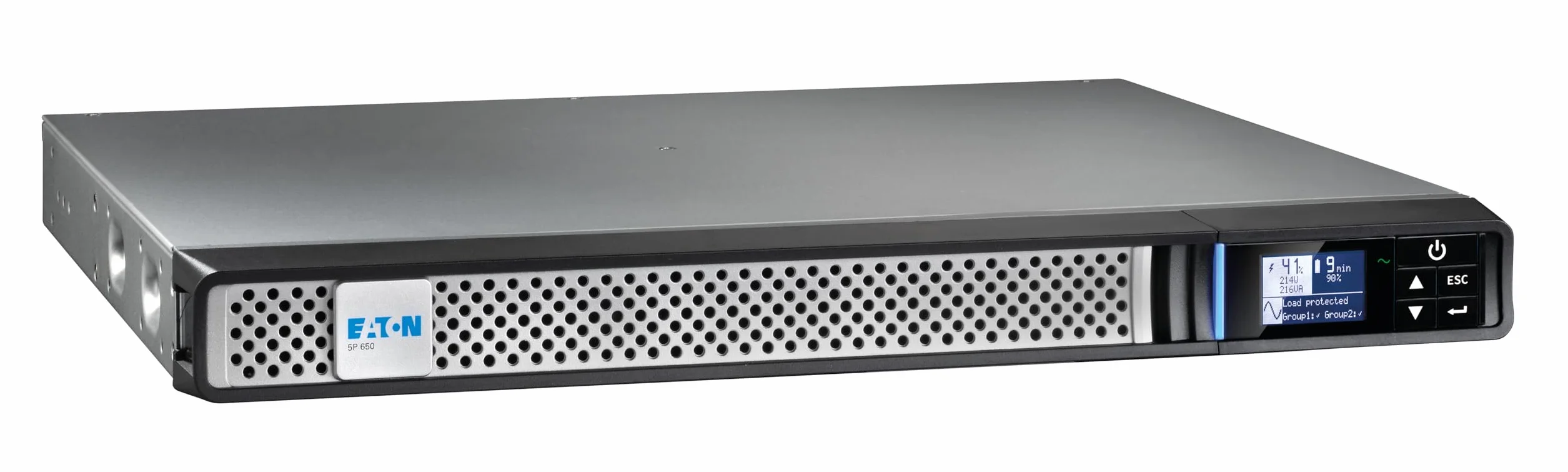 Eaton Onduleur 5P 650 IR G2 Line Interactive UPS Rack 1U 650VA 4 Prises IEC C-13 10A Parasurtenseur Batterie Ecran LCD Graphique Noir