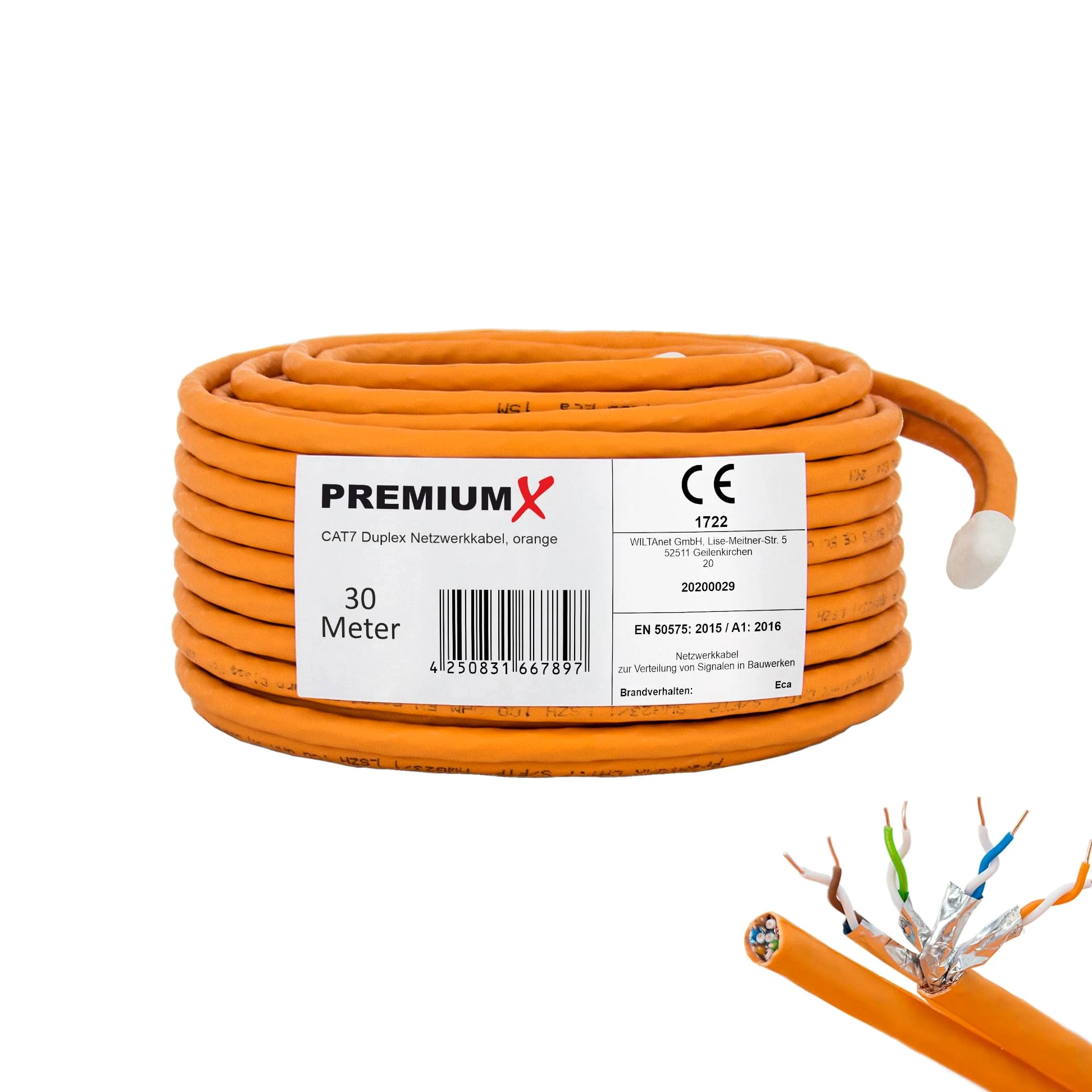 Premium X Câble réseau CAT 7 30 m - Câble LAN duplex - Câble en cuivre - Câble de données Ethernet S/FTP PiMF PoE Eca Kat7 - Câble d'installation pour une pose sans effort