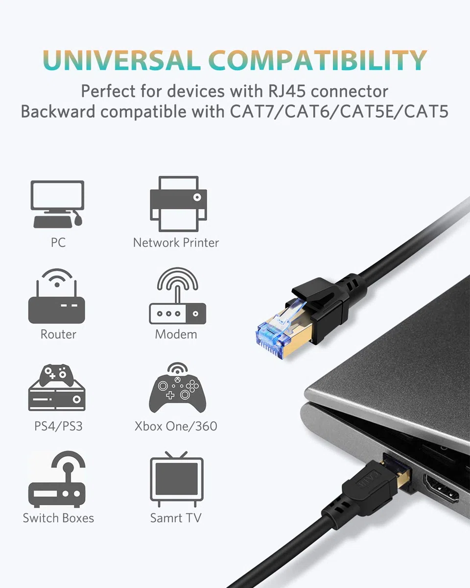 Câble Ethernet Cat8 haut débit avec connecteur RJ45 plaqué or, compatible avec Cat7 Cat6, Gigabit S/FTP LAN