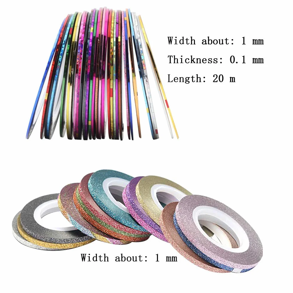 Ruban Autocollants à Ongles 32 Rouleaux Couleurs Mélangées, Accessoires Nail Art DIY Or Argent