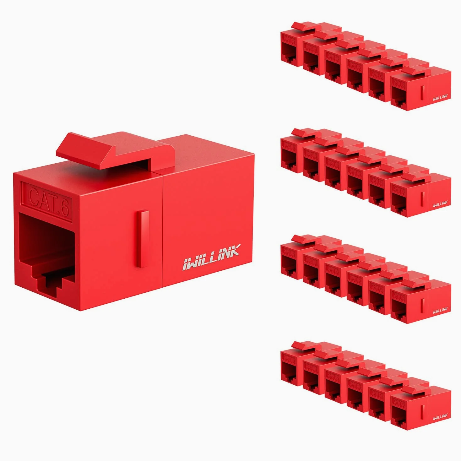Iwillink Lot de 25 prises Keystone RJ45 Cat6 – Insert UTP femelle vers femelle, coupleur Ethernet, rouge