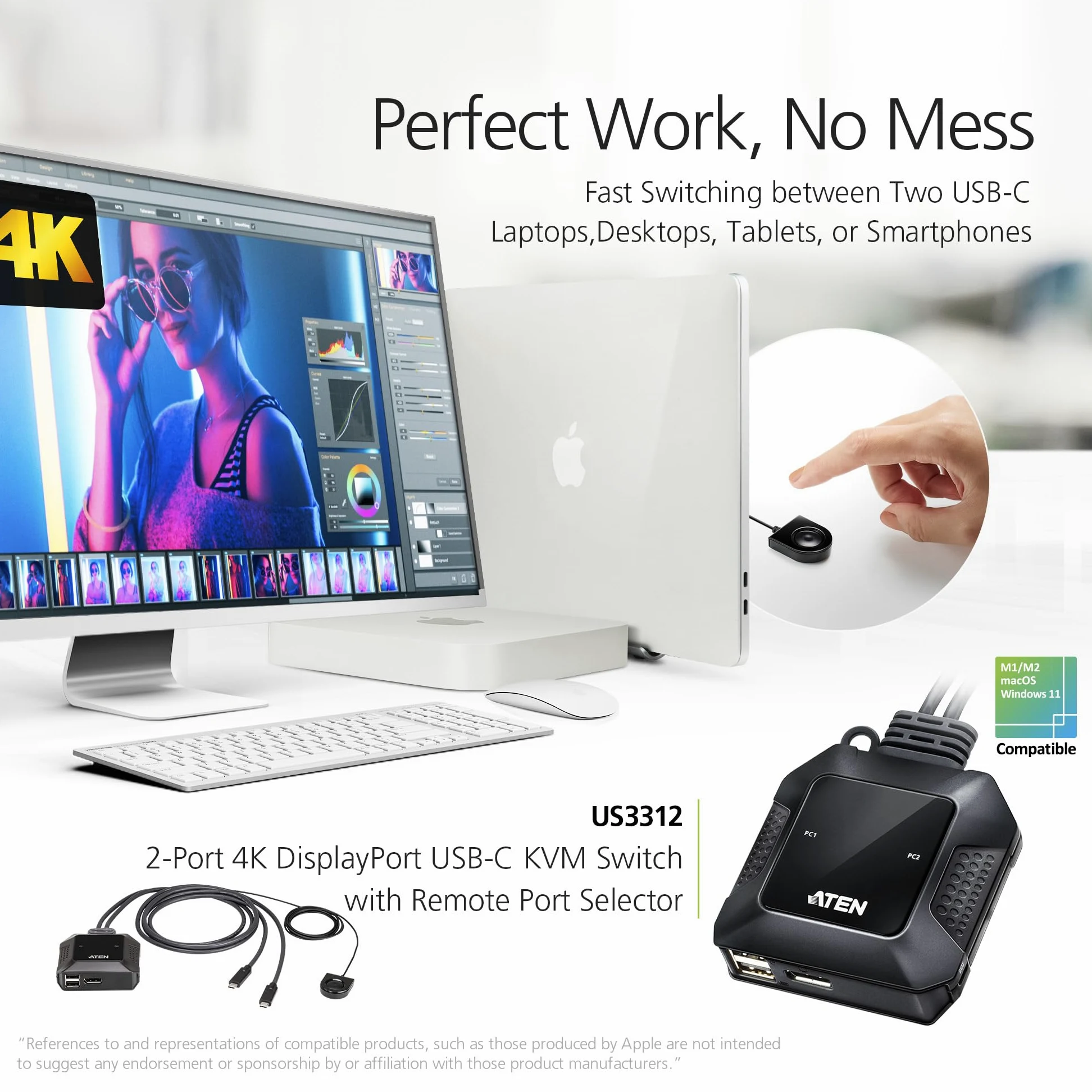 ATEN US3312 Commutateur KVM 2 ports USB-C 4K DisplayPort