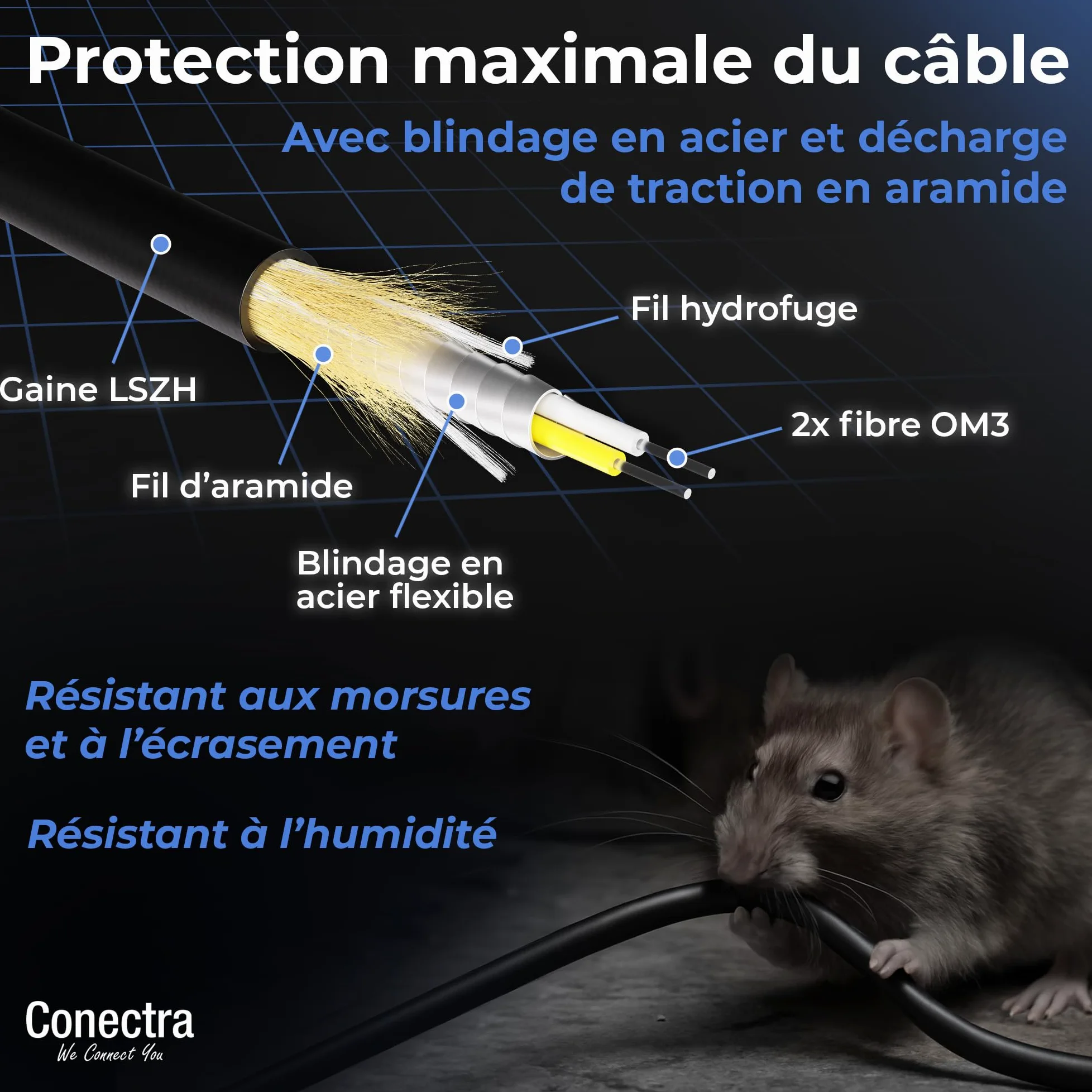 30m Câble Fibre Optique Blindé OM3 Duplex Breakout LC/UPC, Jarretière Optique Multimode 50/125, LSZH Intérieur/Extérieur, Rallonge Fibre Armée Cordon Patch Câblage Réseau ⌀3mm Noire