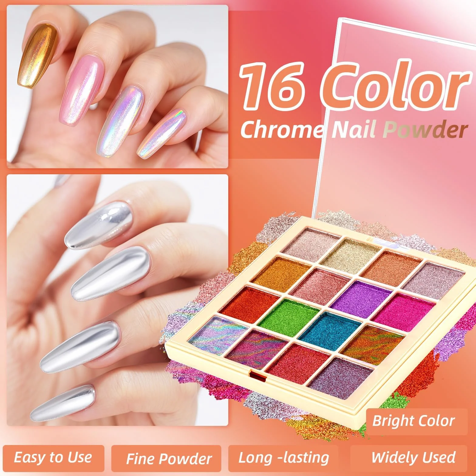 Palette de poudre pigmentée pour ongles 16 couleurs avec éponges et stylo French Aura