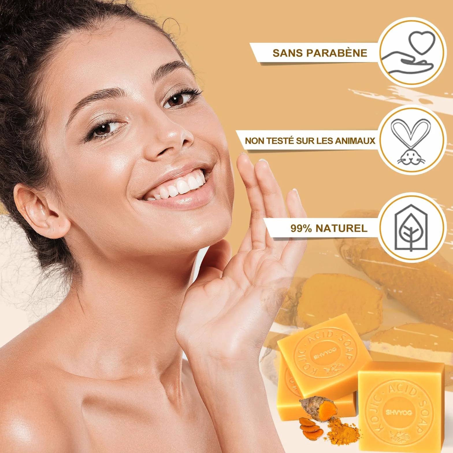 Savon à l'Acide Kojique et Curcuma, Savonnette 3x80g pour Points Noirs, Acné et Taches Foncées