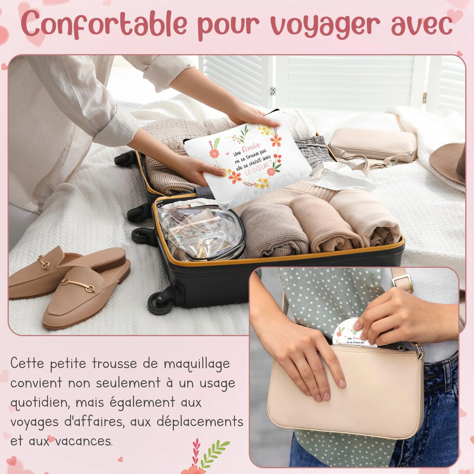 Maitys Trousse de Maquillage avec Fermeture Éclair Miroir de Voyage avec Loupe Porte-Clés BFF Set Cadeaux