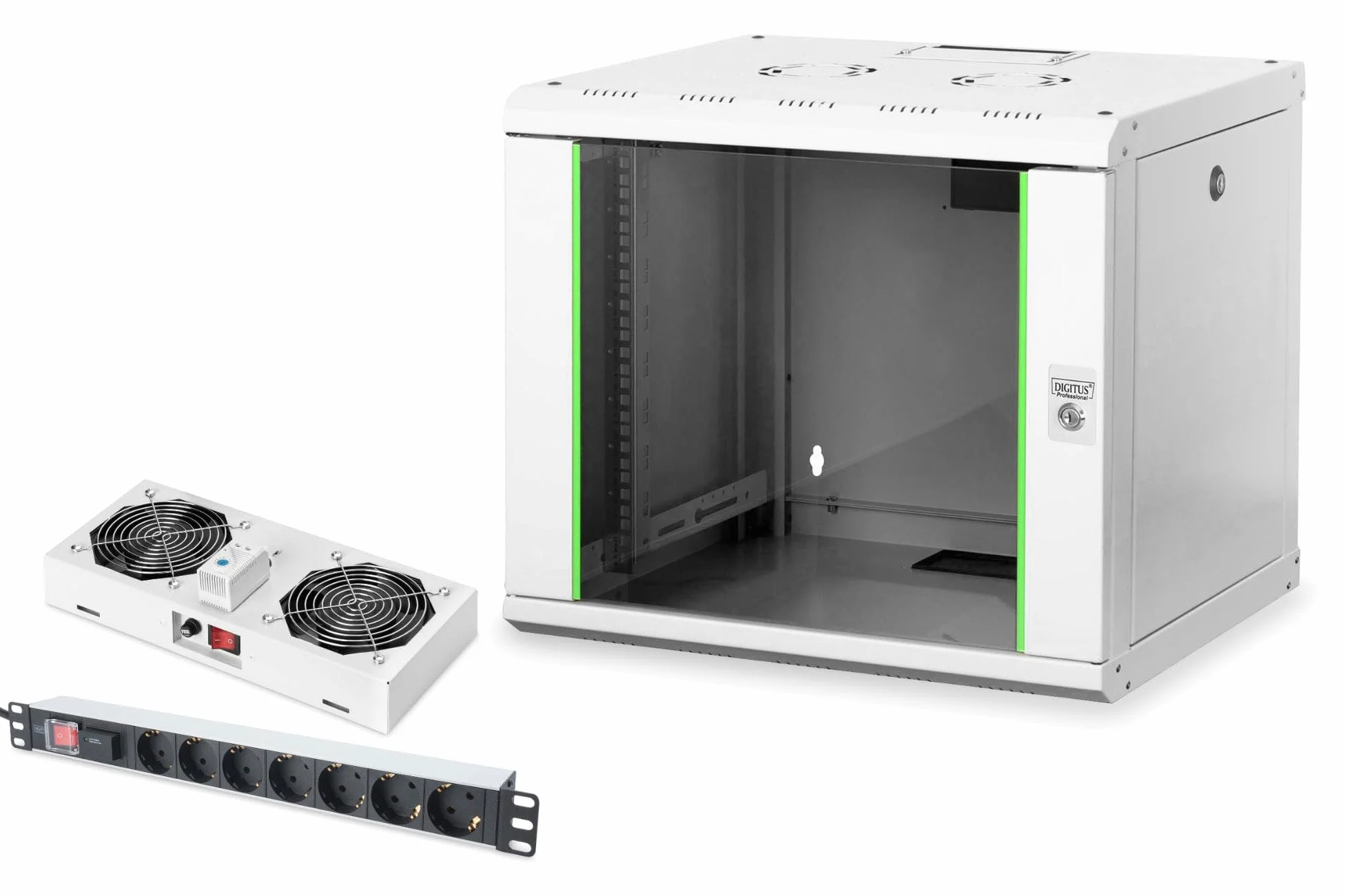 DIGITUS Set: Armoire réseau 19" 9U + Ventilateur de Toit + Bloc multiprise 7 Ports // Rack 19 Pouces - Montage Mural - Profondeur 450mm - Charge 100kg - Profondeur utile 305-370 mm - Gris