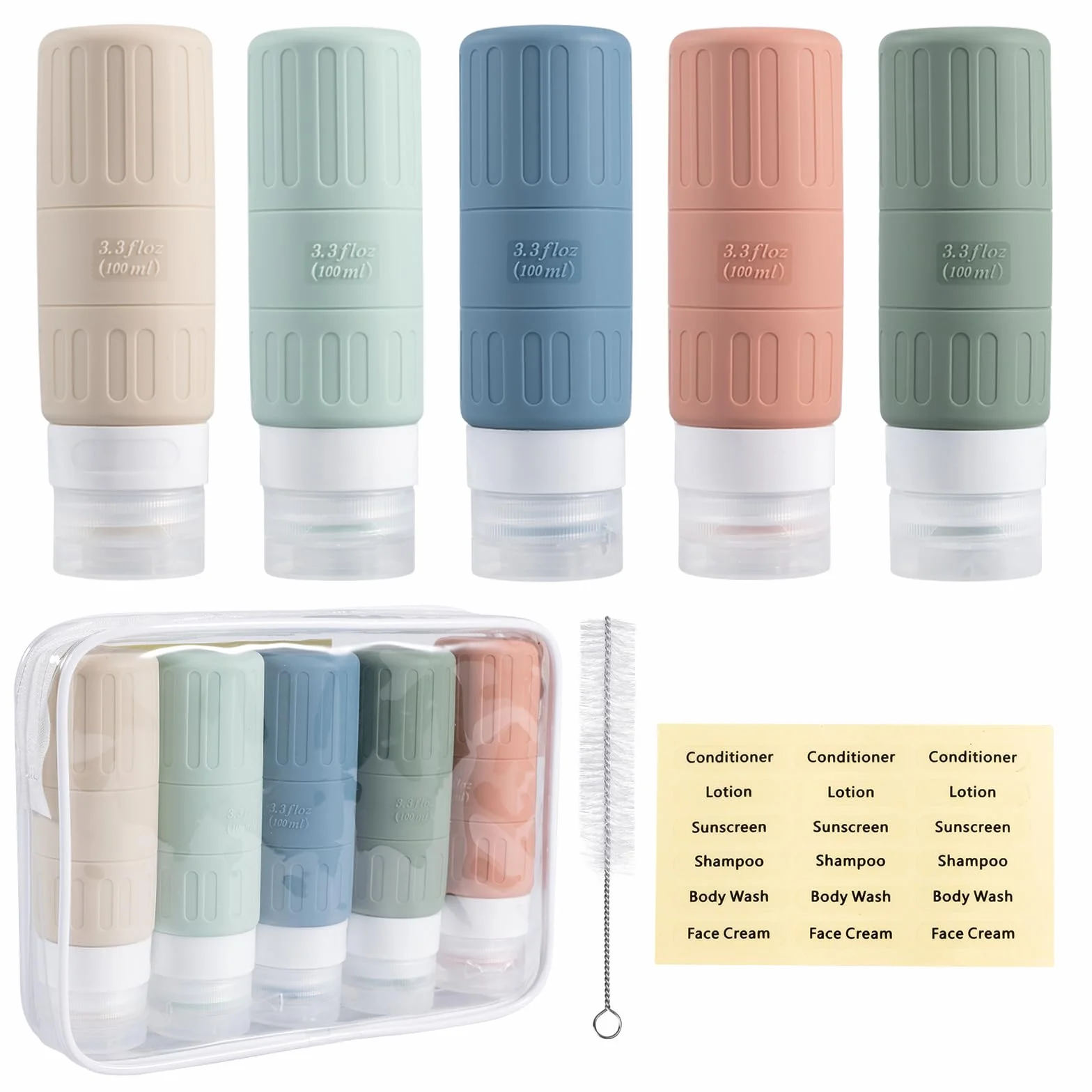Carehabi 5 Pièces Flacon Voyage Silicone 100ml Avion, Contenant Vide Remplissable pour Shampooing Gel Douche Lotion Cosmétiques