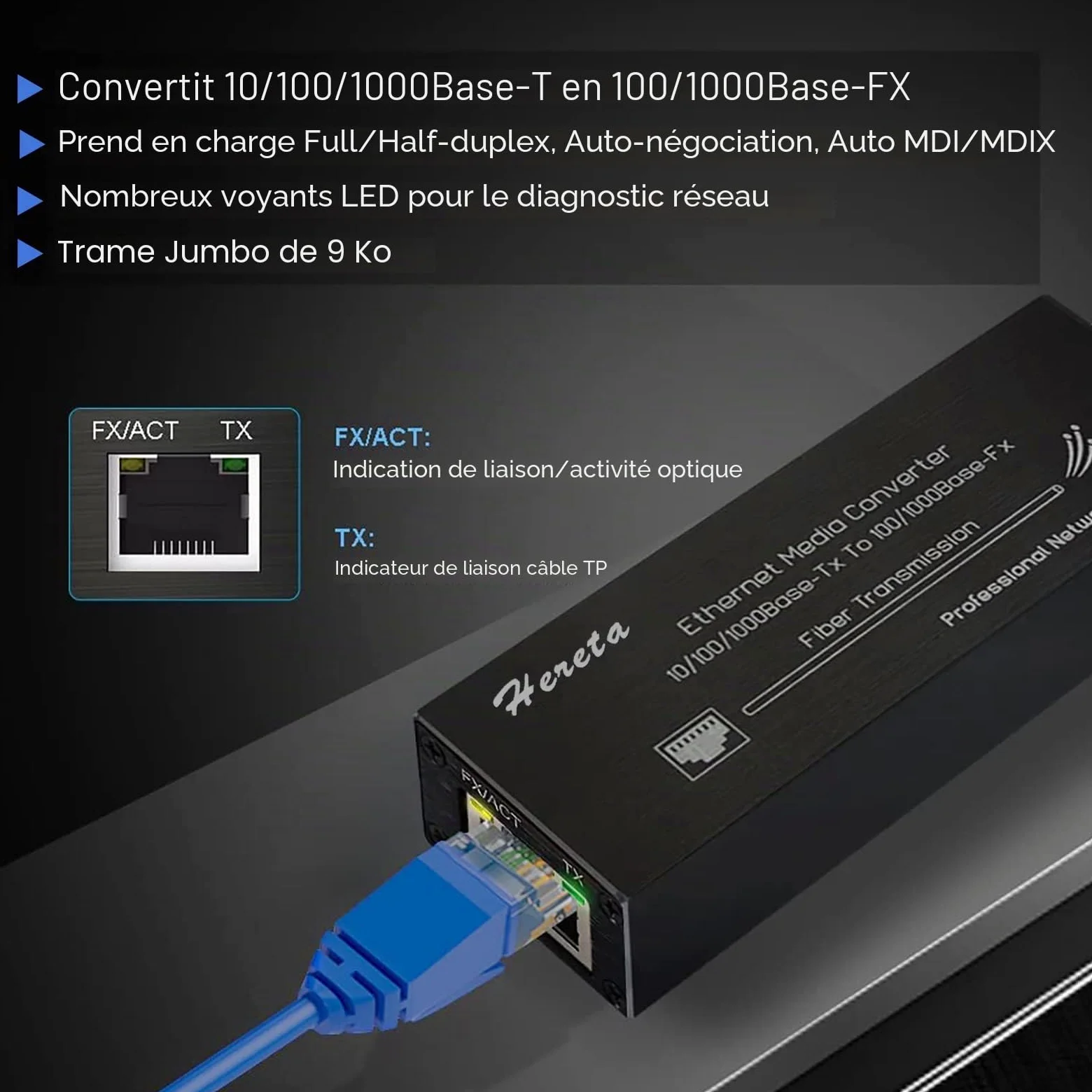 Convertisseur de média Gigabit Ethernet, Convertisseur de média à Fibre Optique avec 1,25G Monomode LC Double Fibre SFP Module, 10/100/1000M RJ45 à 1000Base-SX SFP, 1310nm, 20km