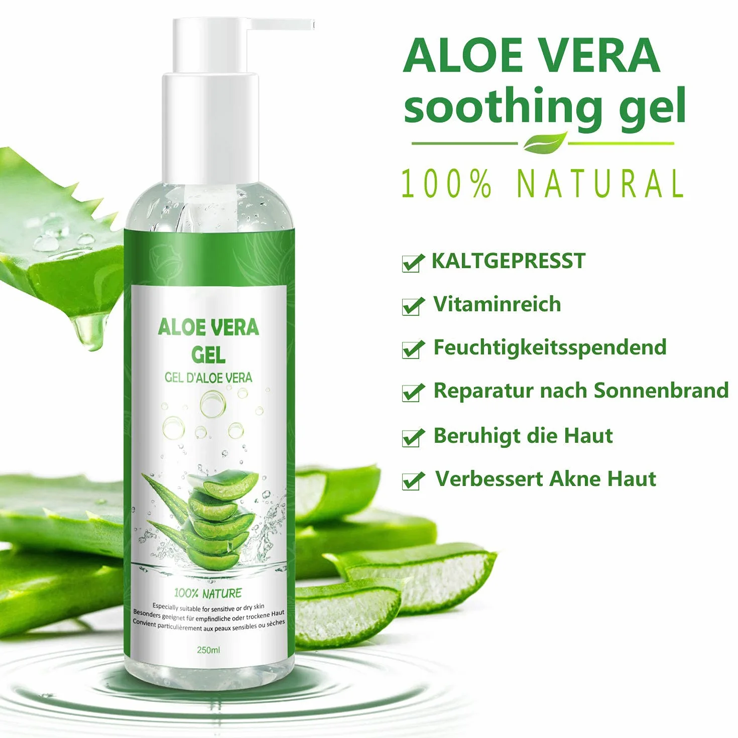 Gel d'aloe vera 100 % pur - Crème hydratante naturelle pour le visage, les cheveux, le corps