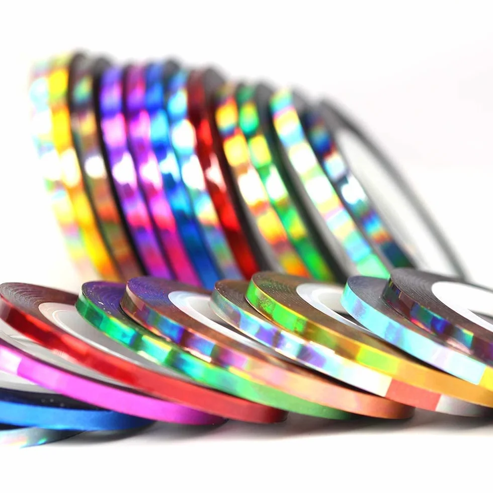 Nail Art Striping Tape Lines Kit 36 pcs 1mm 2mm 3mm Silver Holographic Chrome Nail Tape Strips for Design DIY