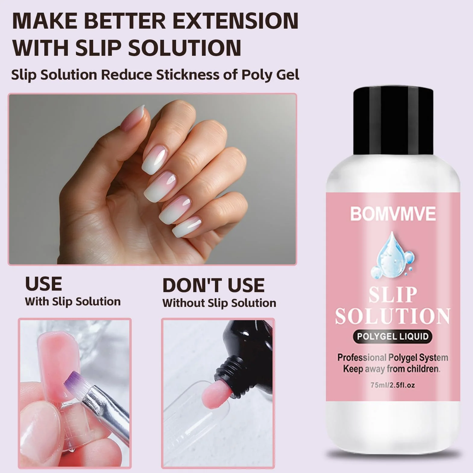 Slip Solution Polygel, Solution de Glissement pour Polygel Ongles, Kit Ongle Gel Anti-adhérence avec Pince, Brosse, Verre en Cristal et Lingettes
