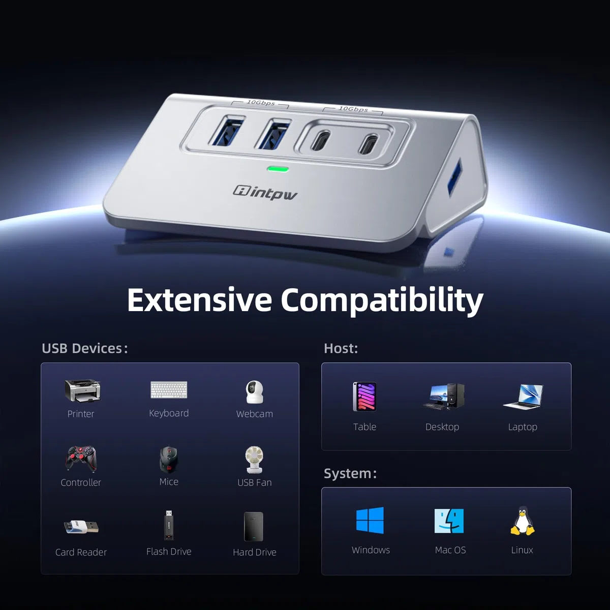 intpw Hub USB 3.0 en aluminium 4 ports USB 3.0 avec câble de 1 m, hub USB pour PC/ordinateur portable/Xbox/clé USB/imprimante/appareil photo/clavier/souris