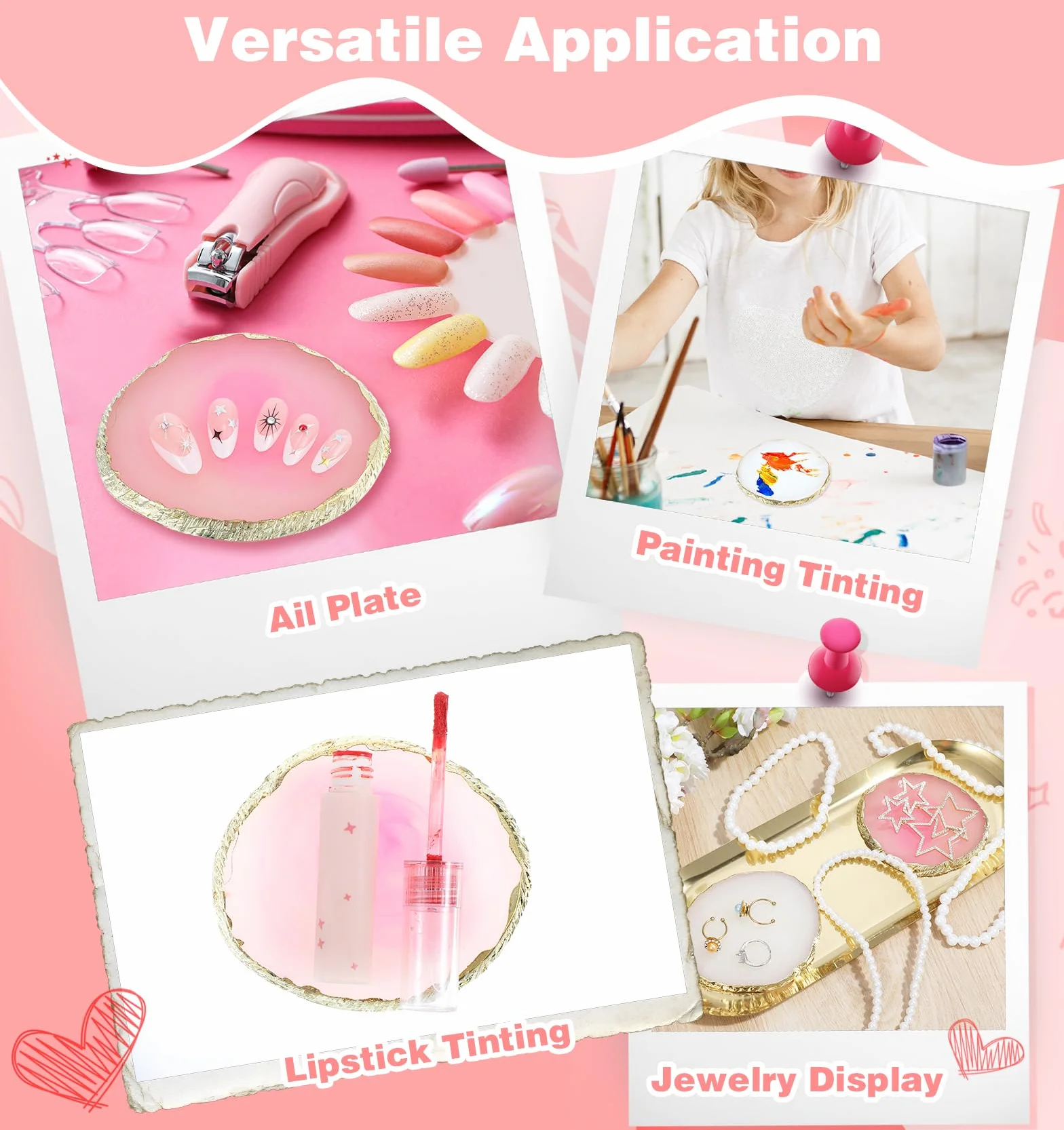 Lot de 2 accessoires design ongles aspect agate blanc rose bord doré résine qualité supérieure nail art