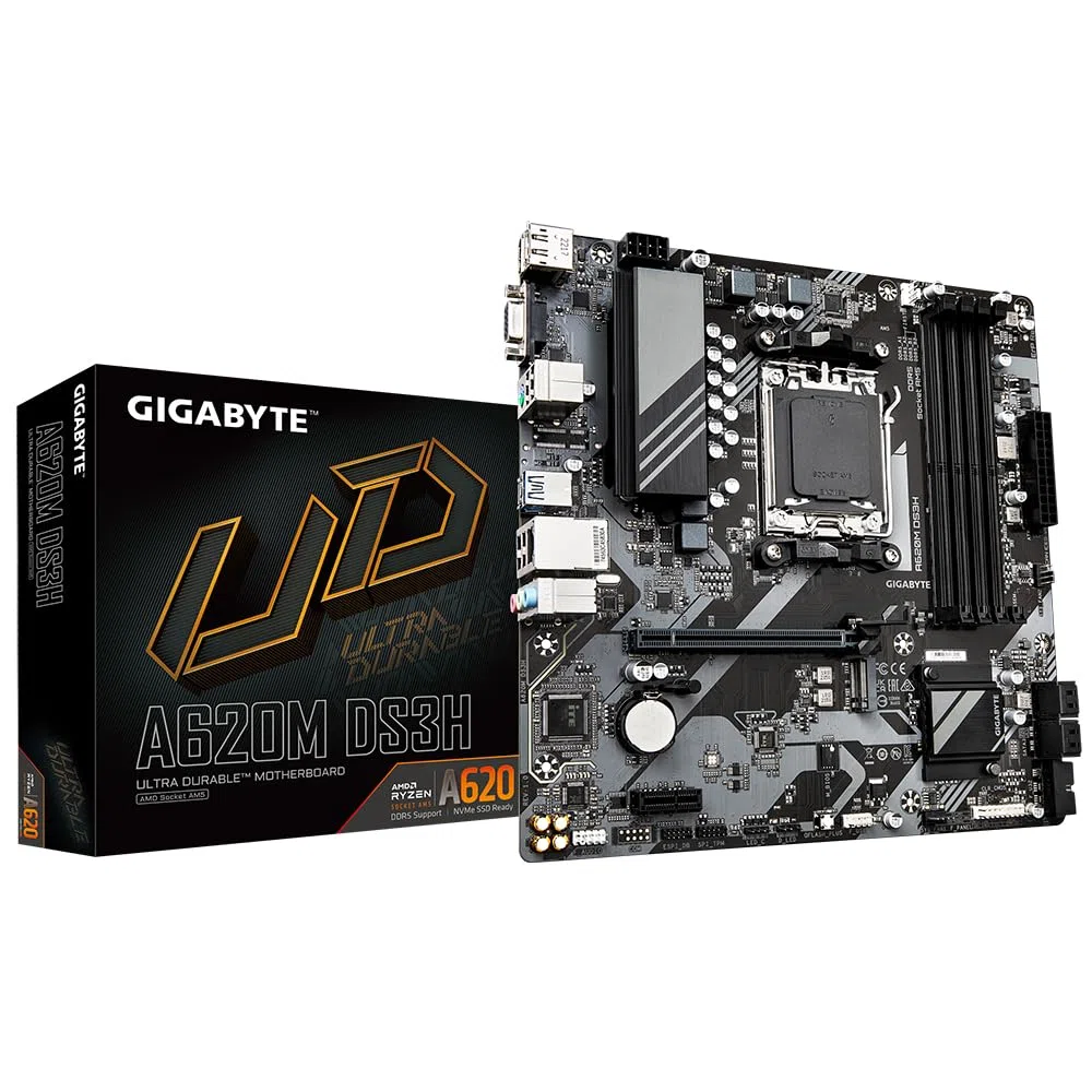 GIGABYTE A620M DS3H Carte Mère - Prend en Charge Les processeurs AMD Ryzen 8000, VRM numérique 5+2+2 Phases, jusqu'à 7600MHz DDR5 (OC), 1xPCIe 4.0 M.2, LAN GbE, USB 3.2 Gen 1